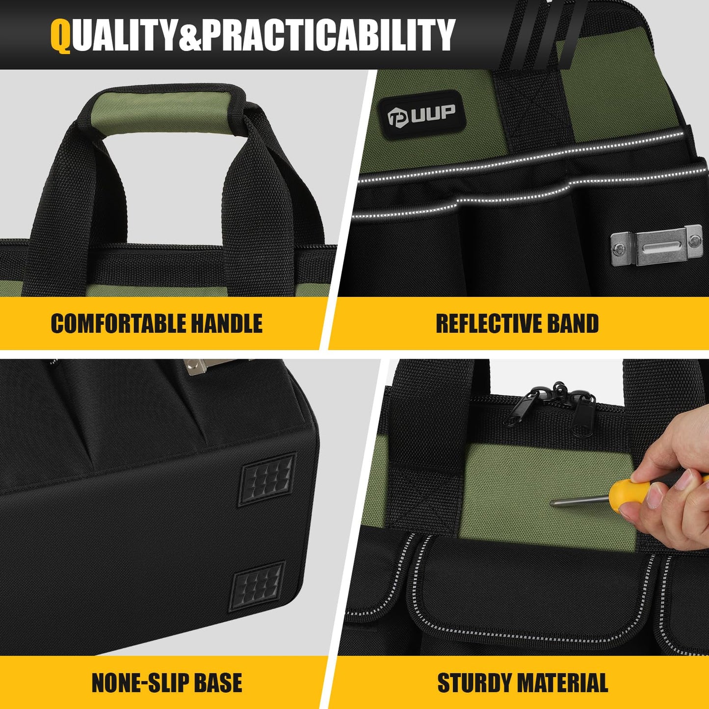 UUP Heavy Duty Tool Bag 15-Inch, 16-Pocket Portable Empty Tool Box Organizer, Big Storage Toolbox Organization, Soft Handle Large Zipper Carrying Toolbag, Father Day Gifts for Him Dad Men, Green