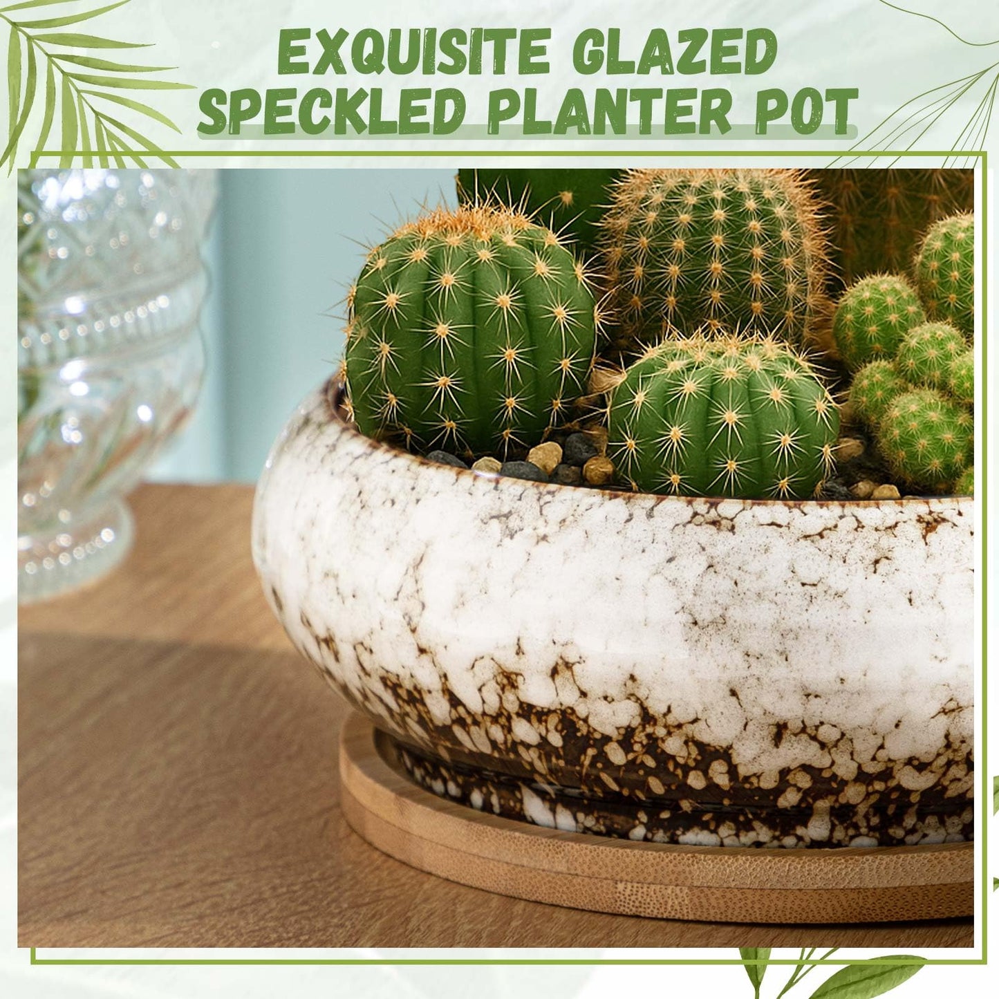 Acellegic 2 Pcs 7.3'' Round Large Shallow Succulent Ceramic Planter Pots with Drainage Hole Drip Glazed Shallow Bonsai Pot with Bamboo Tray for Indoor Outdoor Decor Cactus Flower (White)