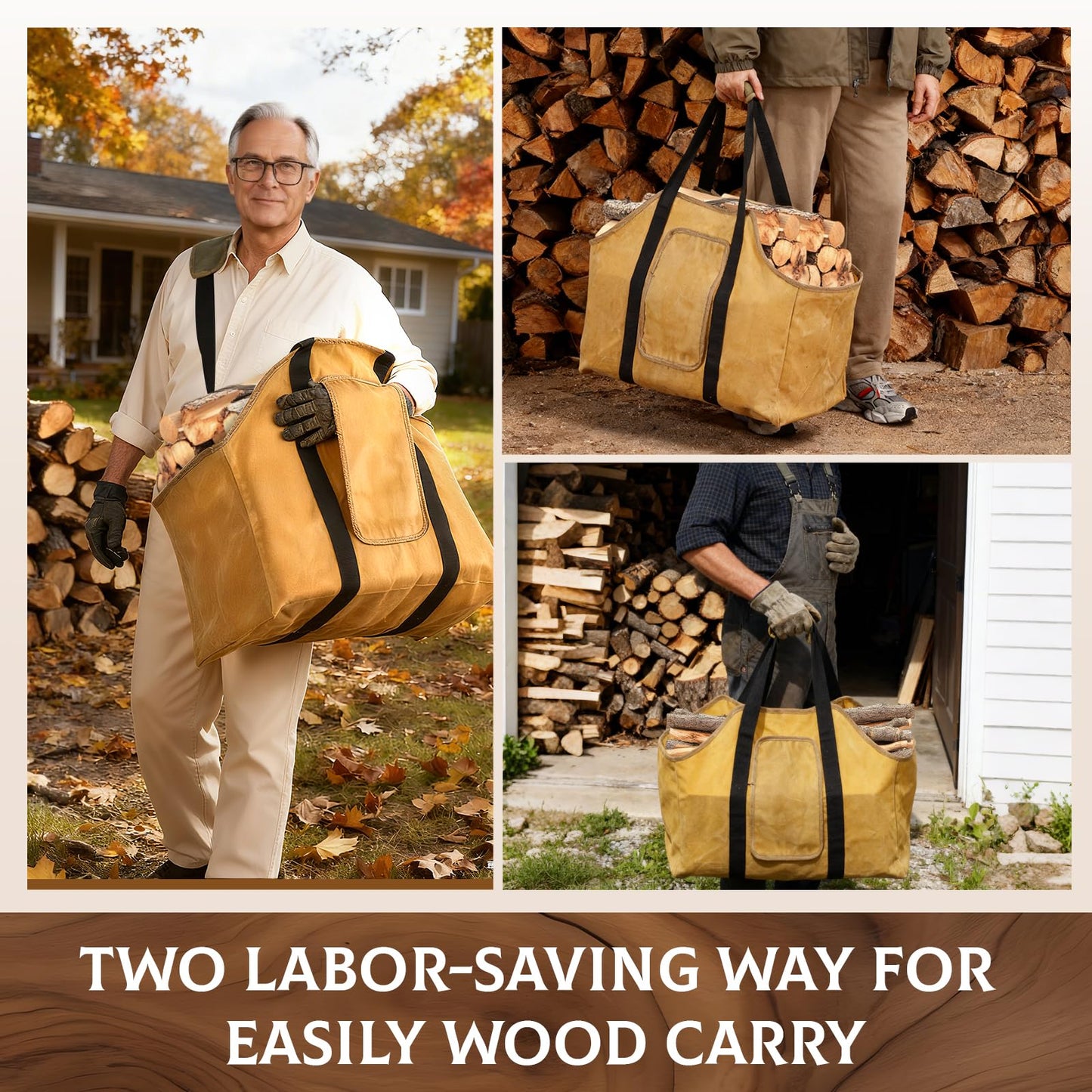 NFAMRZCAR Extra Large Firewood Carrier Ergonomic Wood Carrier for Firewood Heavy Duty Wax Canvas Firewood Bag,Firewood Carriers with Handles for Wood Stove Accessories Outdoor Camping