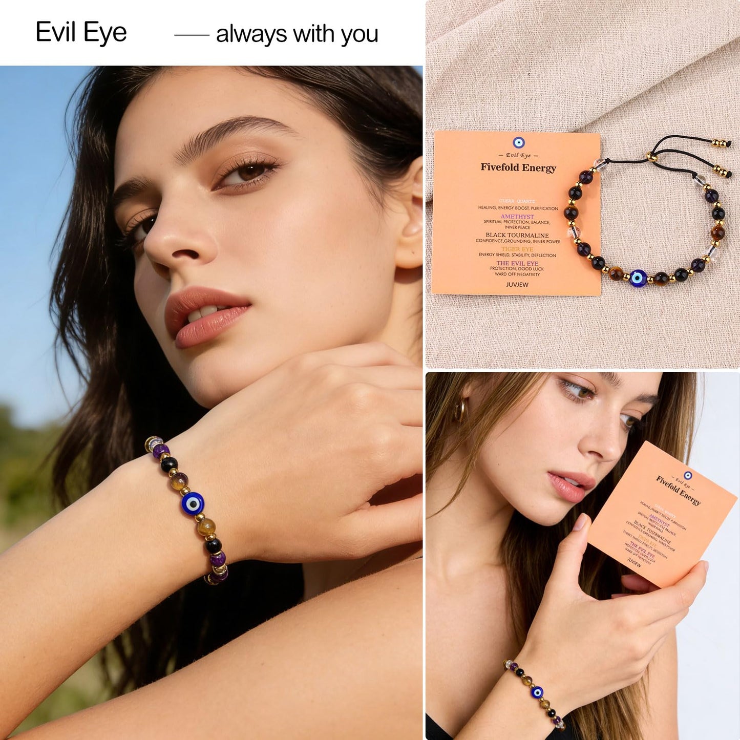 Cute Evil Eye Bracelet Red Black - Natural Crystal Protection Adjustable Spiritual Guardian Jewelry- 5 Healing Stones Clear Quartz Amethyst Black Tourmaline Tiger Eye Bracelet Adjustable (Blue Eye-Black Rope)