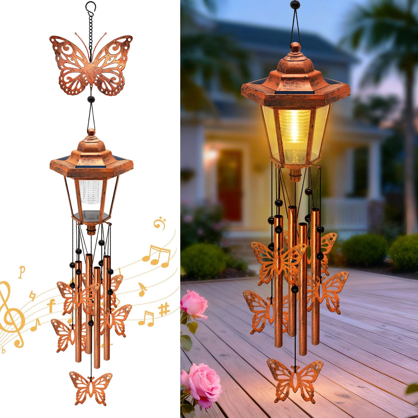 Large Solar Butterfly Wind Chimes, Gift for Women Mom Grandma Wife Sister Daughter Neighbor, Classic Bronze Wind Chimes With Wind Catcher, Solar Decor Lights For Outdoor Garden Patio Yard Porch Window