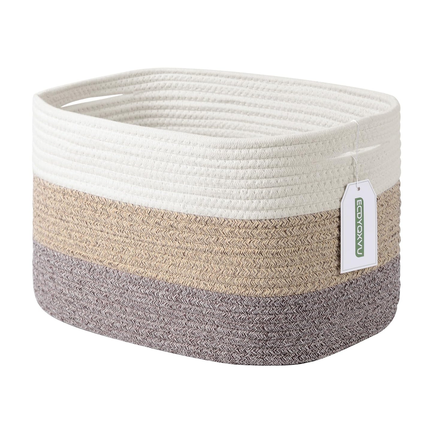 ECDYQXVU Cotton Rope Storage Basket, 15x10x9 Inches, Woven Basket for Shelves, Clothes, Towels, Books, and Laundry, White Brown (1 Pack)