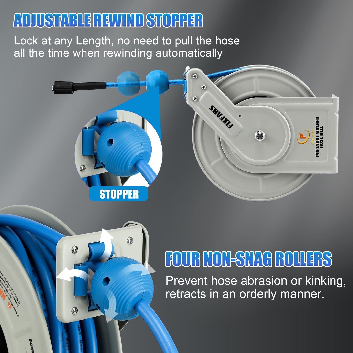 FIXFANS Pressure Washer Hose Reel with Hose, 1/4" × 60ft Retractable Power Washer Hose Reel, Heavy Duty Hose Reel Auto Rewind, Wall Mounted, 3600 PSI