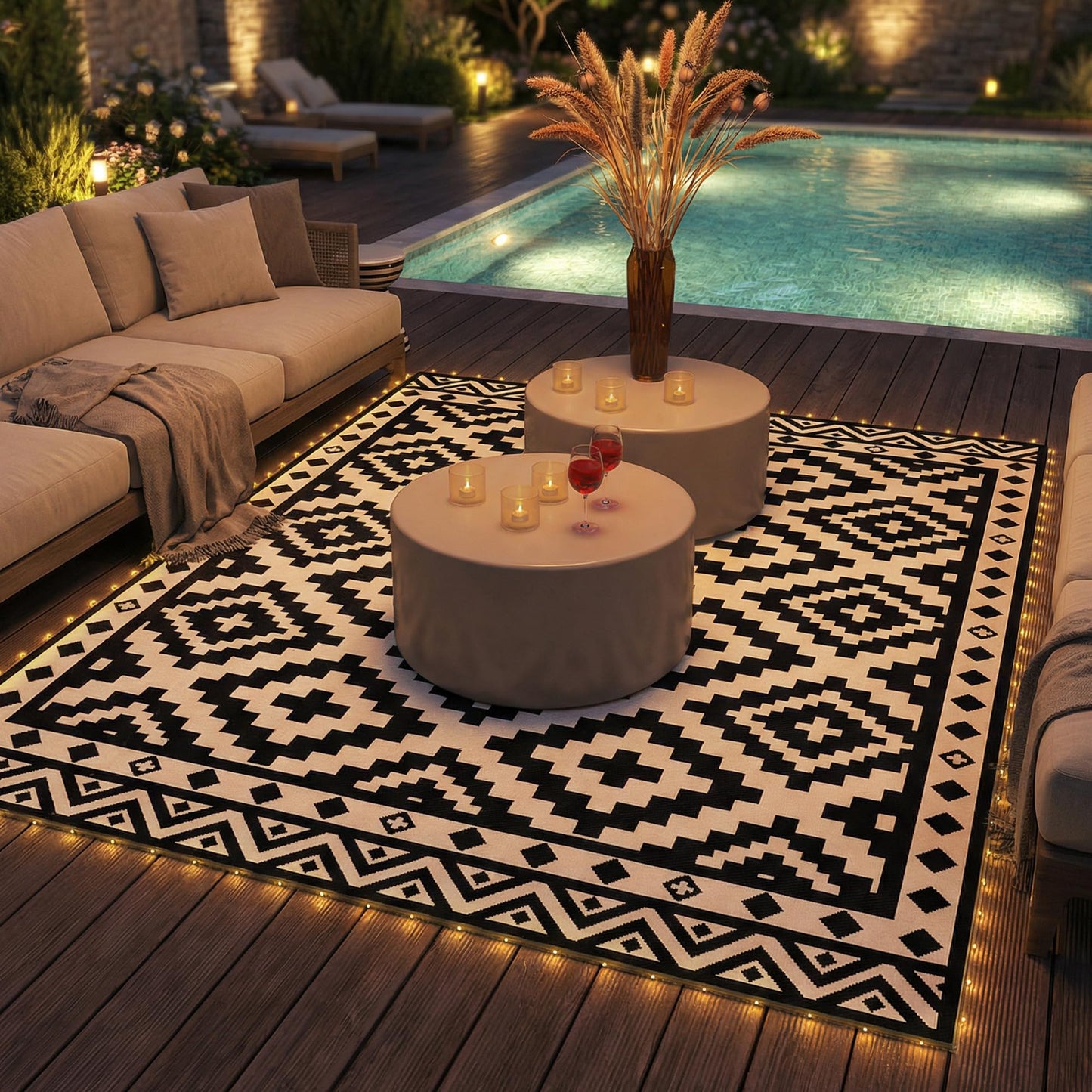 Outsunny Reversible Outdoor Rug Carpet, 12' x 9' Waterproof PP Plastic Straw Rug, Portable RV Camping Mat with LED String Lights, Floor Mat Area, Black and White