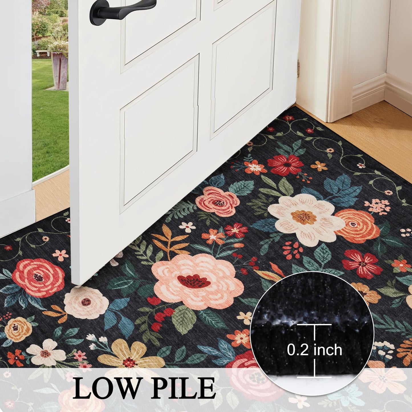 DUKINO 2x6 Runner Rug for Hallway, Washable Kitchen Runner Rug with Non Slip Backing, Low Pile Soft Boho Floral Runner for Kitchen, Hallway, Entryway, Laundry, Bedroom, Black