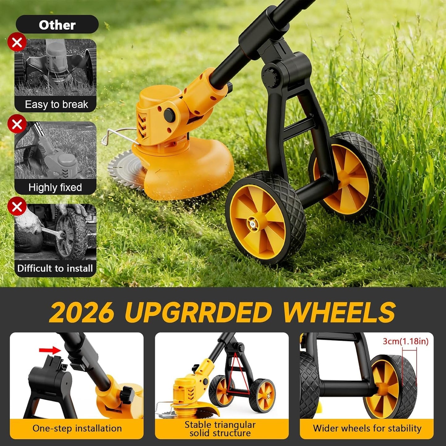 Electric Weed Wacker Cordless with Wheels,Electric Weed Eater Battery Powered 4000mAh,4 in 1 Grass Trimmer/Brush Cutter/Grass Edger/Small Lawn Mower,No String Trimmer with Blade, 2 Battery (Yellow)