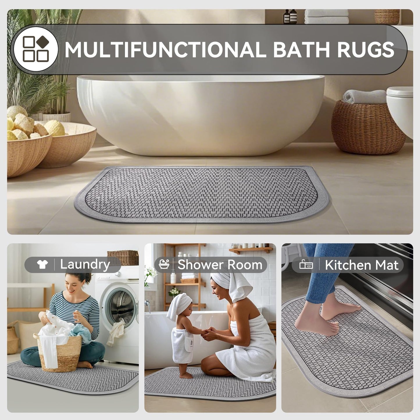 YDKGL Ultra Thin Bathroom Rugs Mat Quick Dry Absorbent Non Slip Bath Mat Bath Mats for Bathtub Mat Bathroom Carpet Fit Under Door Washable Floor Rubber Half Round Bath Rugs Grey 16x24