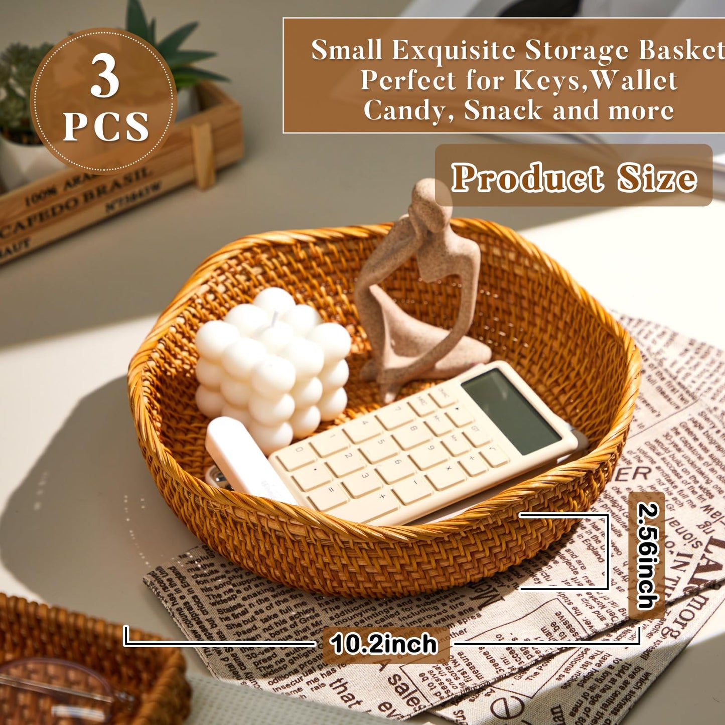 Fiwochic 3 Pcs 10.2 Inch Scalloped Rattan Fruit Baskets Round Wicker Bread Food Serving Storage Bowls Large Woven Natural Decorative Basket Tray for Kitchen Entryway Tabletop Counter Organizing