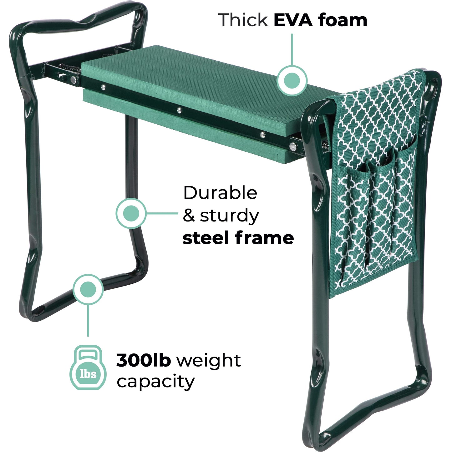 Garden Kneeler And Seat - Protects Your Knees, Clothes From Dirt & Grass Stains - Foldable Stool For Ease Of Storage - EVA Foam Pad - Sturdy and Lightweight - Bench Comes With A Free Tool Pouch!