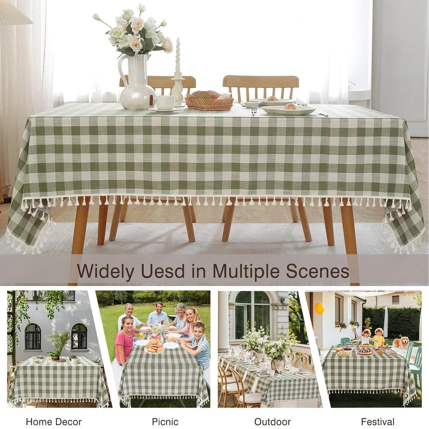 JIALE Spring Gingham Tablecloth Rectangle Cotton Linen Fabric Checkered Table Cloth with Tassel Washable Wrinkle Free Buffalo Plaid Table Cover for Outdoor Party Picnic Kitchen Dining, Green, 55x75