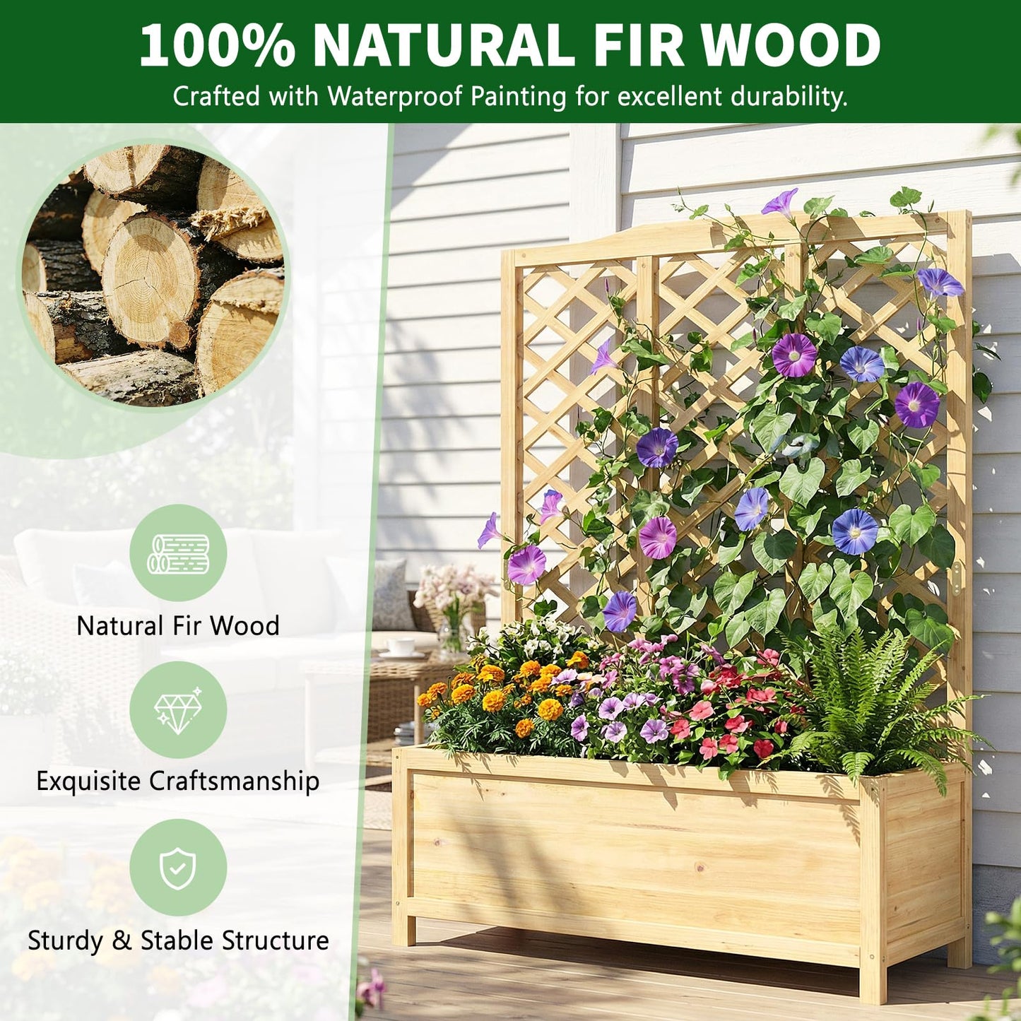 UrGROWA Wooden Raised Garden Bed with Trellis, Freestanding Planter Box with Drainage for Vines Climbing Plants Flowers Herbs, Elevated Gardening Planter for Backyard Balcony Patio