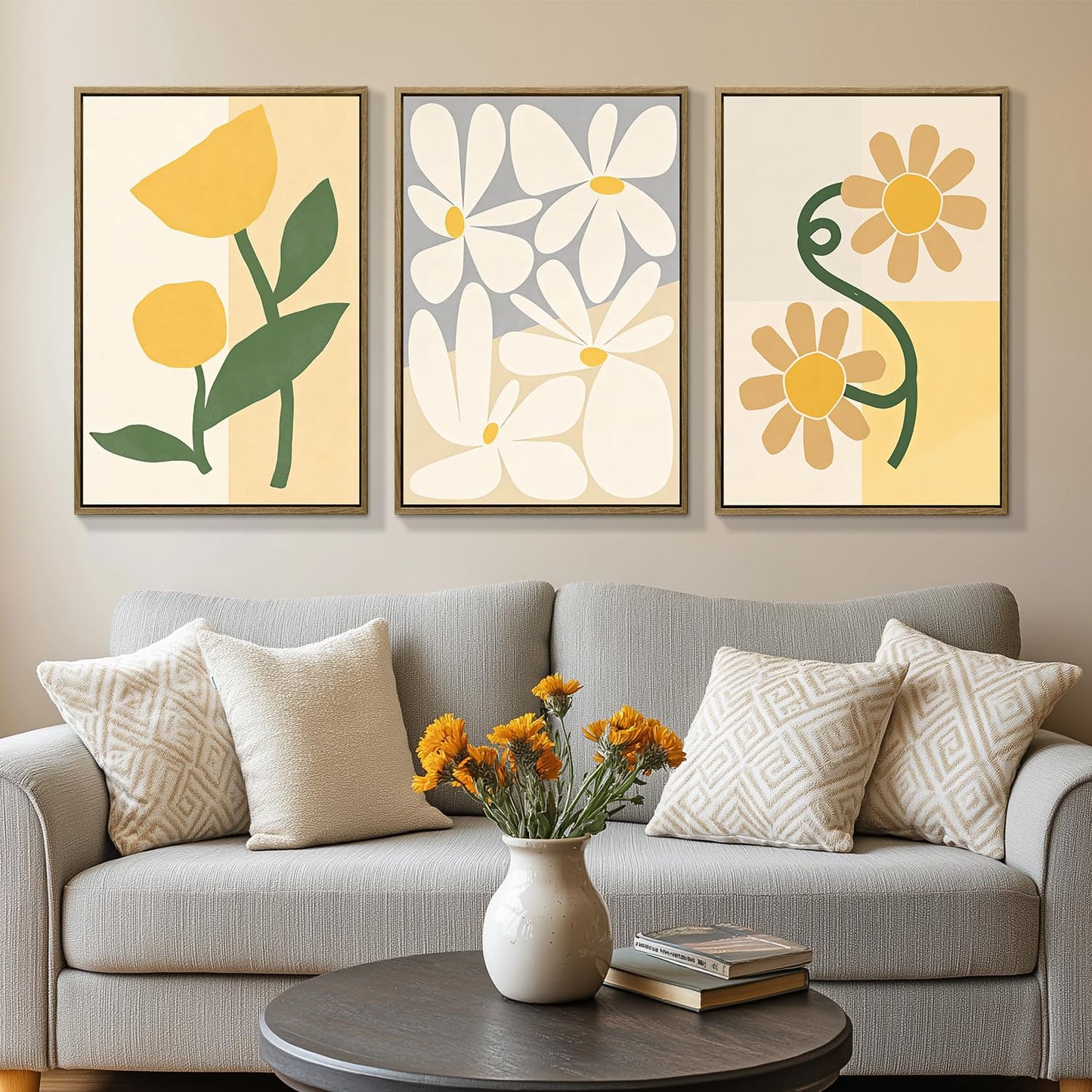 3Pcs Large Framed Botanical Canvas Wall Art, Modern Neutral Plant Abstract Canvas Prints, Minimalist Nature Wall Decor, Large Wall Art for Living Room Bedroom Office Farmhouse Decor 16 * 24in