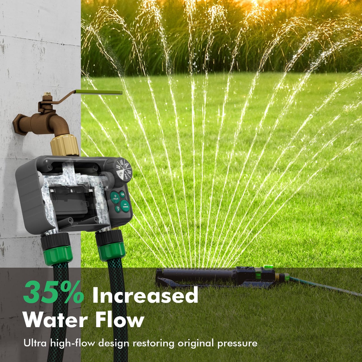 RESTMO Remote Control Brass Sprinkler Timer for Outdoor Hose Faucet 2 Zone, Max 11h59m Programmable Water Timer for Soaker Hose, Misting with Large Dial, Rain Delay/Manual/Automatic Irrigation System