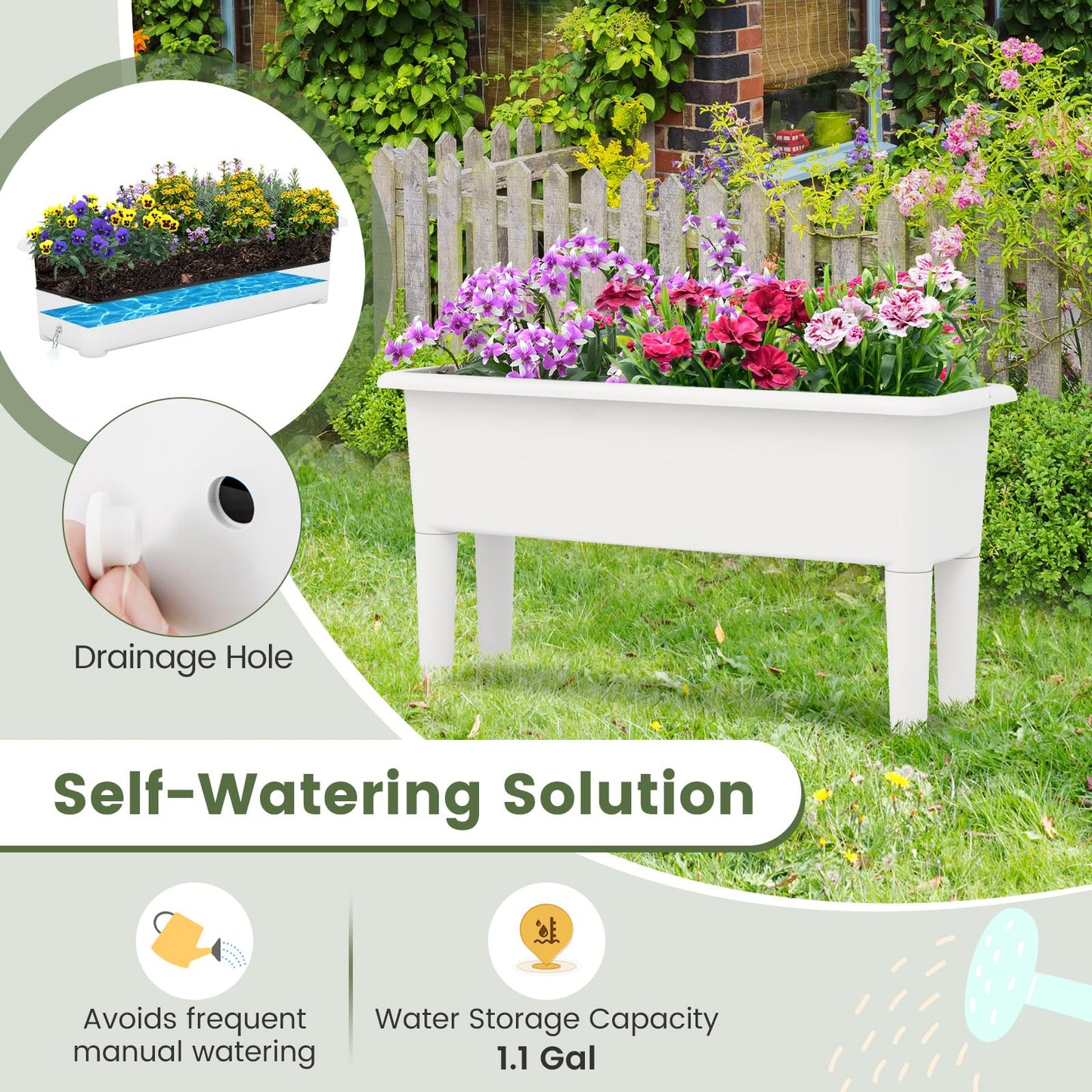 Giantex Raised Garden Beds Outdoor Set of 2, Self-Watering Planter Box with Detachable Legs & Drainage Hole, Outdoor Raised Container for Vegetable Fruit Herbs, 31.5”Lx12”Wx16”H, Easy Assembly (White)