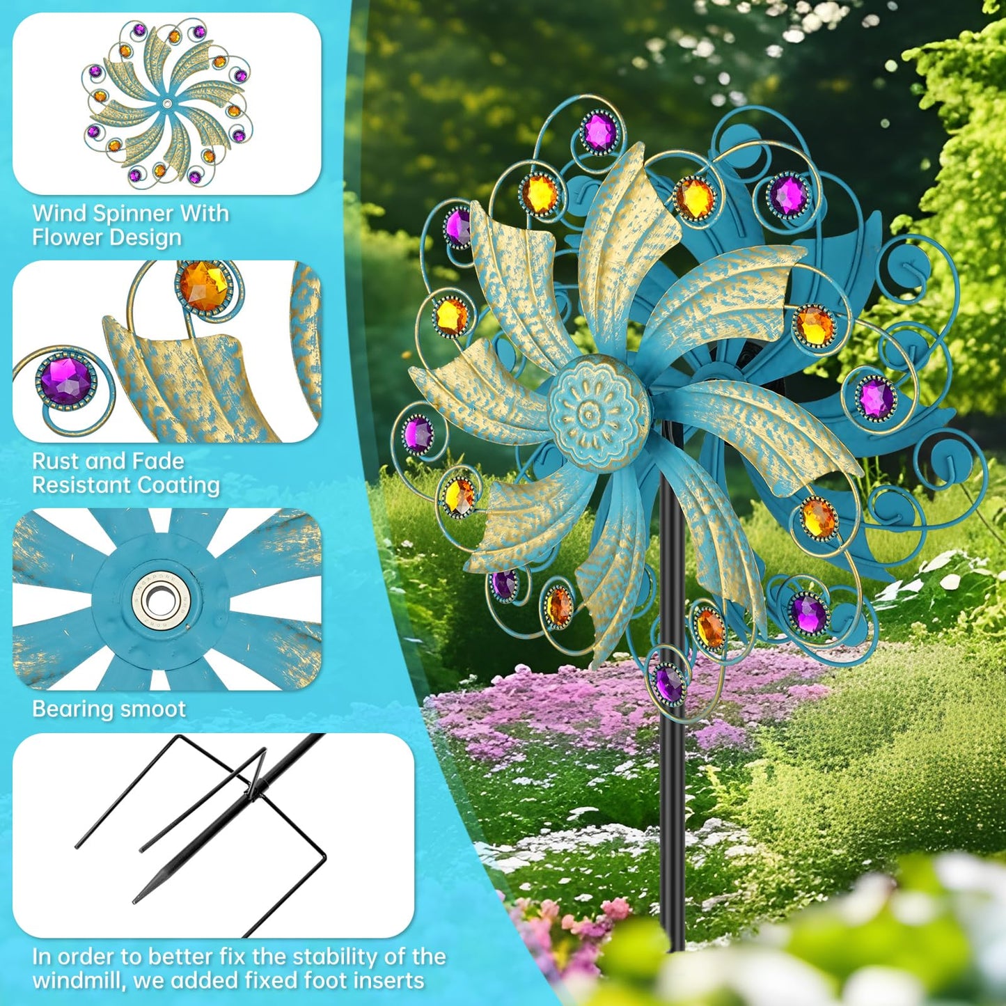 Jusimux Metal Wind Spinners Outdoor, Golden Kinetic Wind Sculpture Garden Pinwheels with Metal Stake, Yard Art Decor for Patio, Lawn & Garden, Creative Gifts 57.5 * 13 Inch