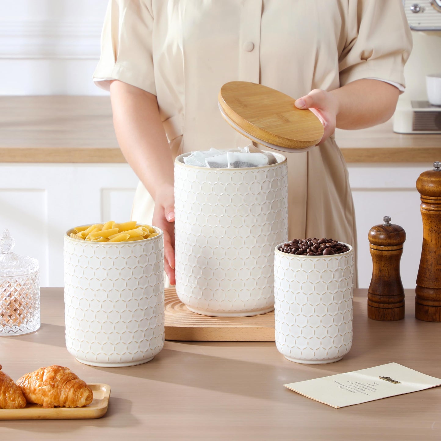 MALACASA LYDIA Ceramic Canisters Set with Airtight Lids, 80/40/20 oz Coffee Canisters Sets for the Kitchen, Large Jars for Flour, Sugar, Pasta, Coffee, Cookies, Tea - Set of 3, Hexagon