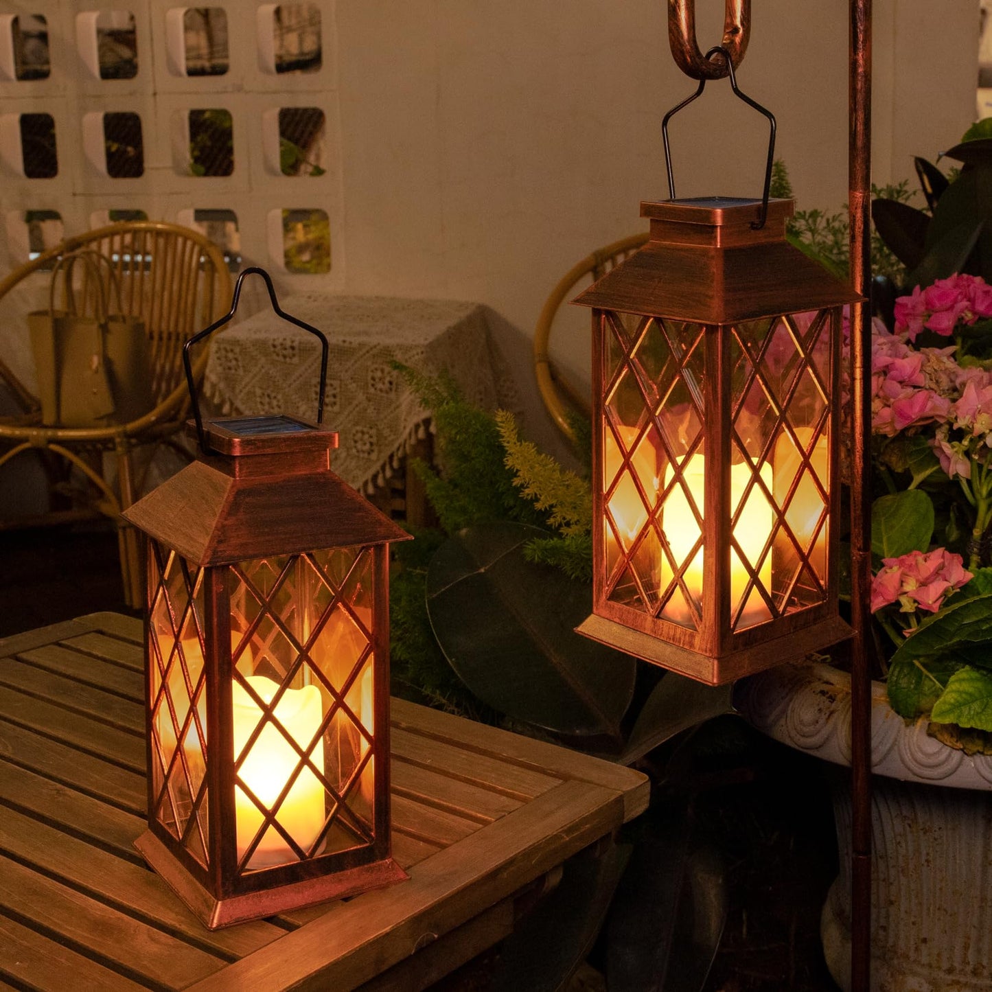 2Pack 10" Solar Outdoor Lanterns Waterproof Garden Gifts Women, Halloween Flickering Flameless Candle Mission Lights for Patio, Outdoor, Party, Yard, Lawn, Mothers' Day Gifts for Mom (Antique Copper)