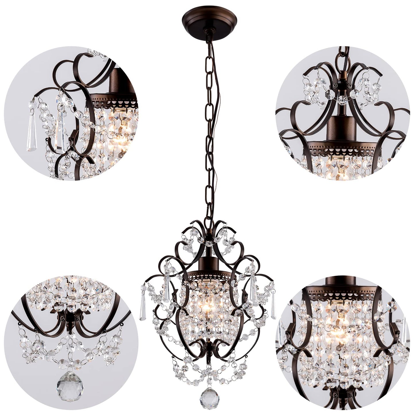 FLSFU Modern Mini Crystal Chandelier,Iron Bronze Crystal Light Fixtures Ceiling Mount 1 Light Small Chandeliers for Bedroom Elegant Hanging Lighting for Girls Room Dining Room Closet Kitchen Island
