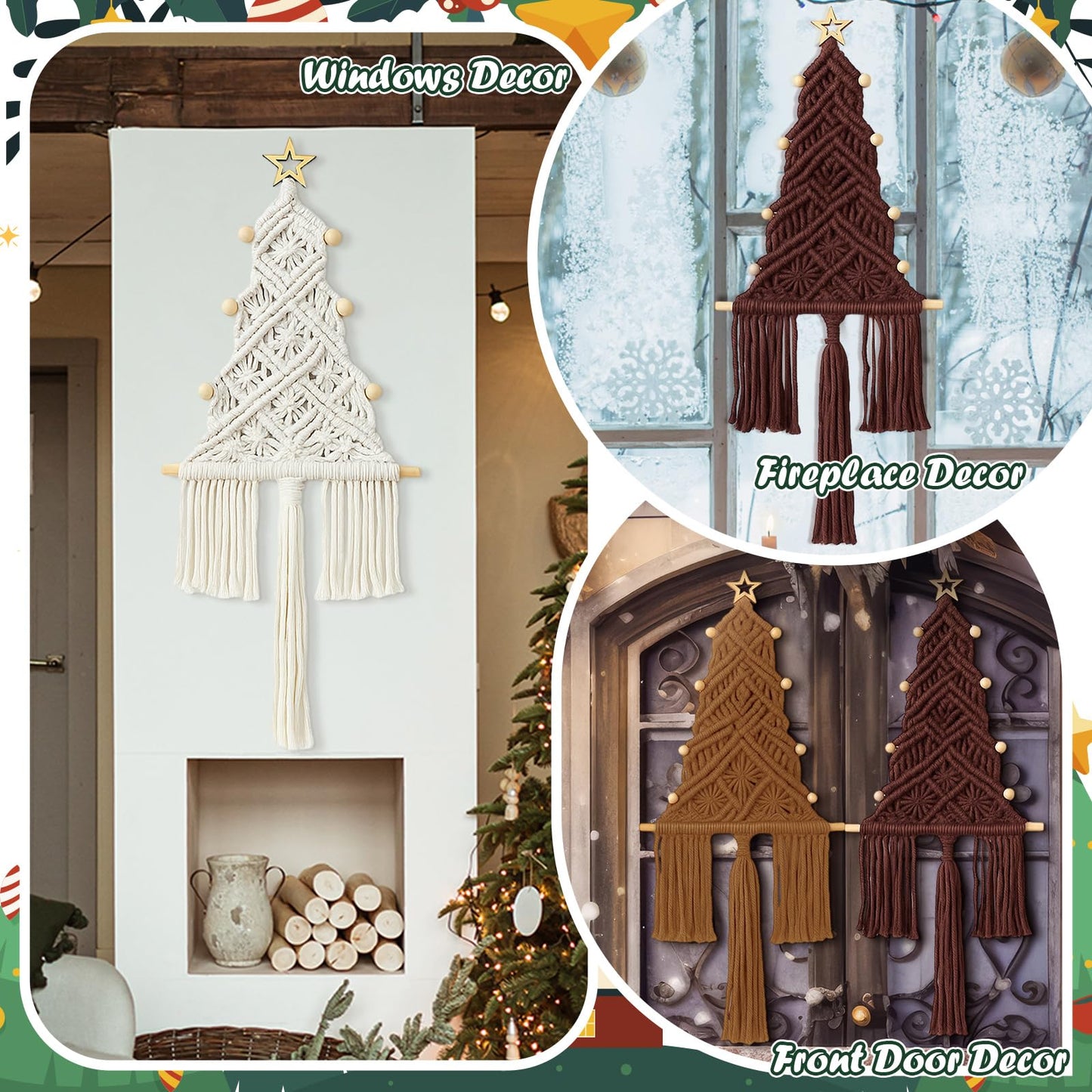 HunnmingRe Neutral Christmas Tree 3 Set Macrame Christmas Wall Decoration Hanging Ornaments Boho Wall Decor for Party Supplies