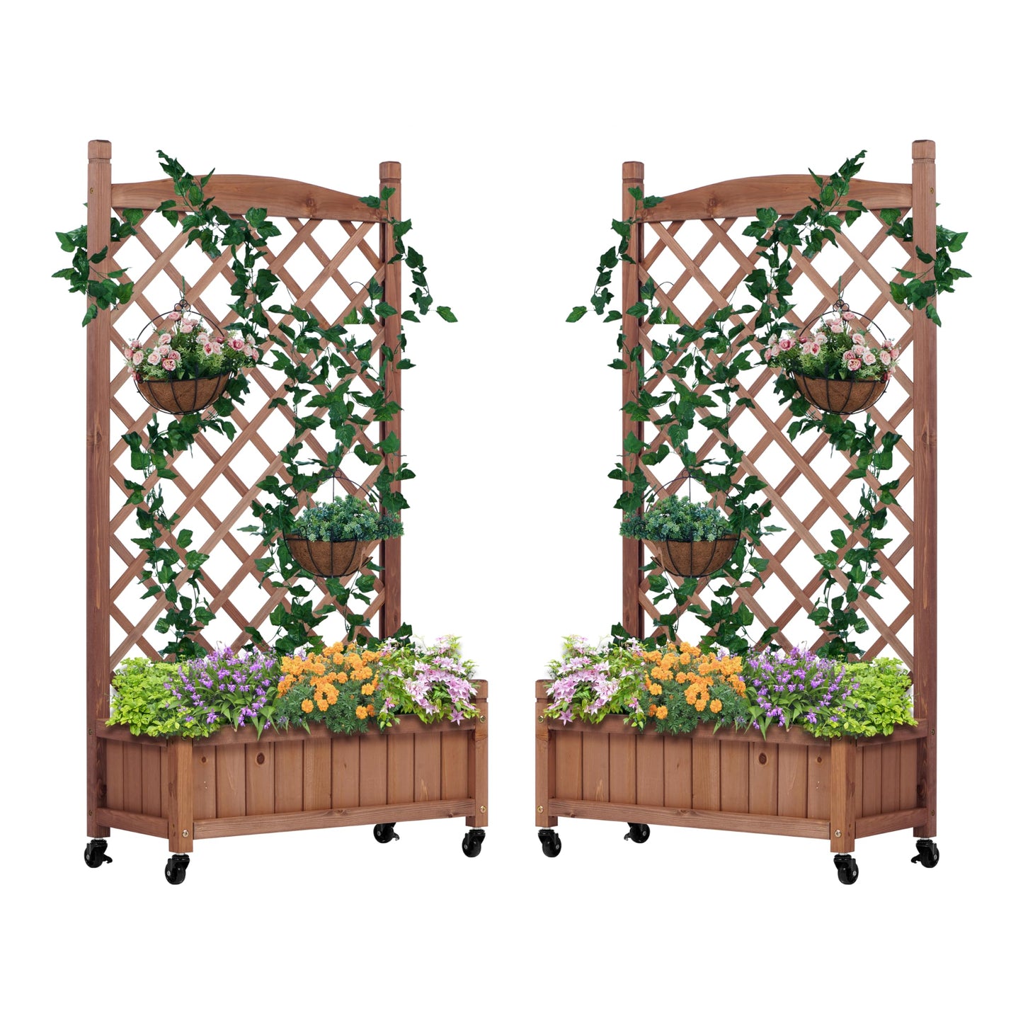 Wood-Natrl Raised Garden Bed with Trellies 2 Pack, Outdoor Wooden Planter Box & Plant Stand with Climbing Racks