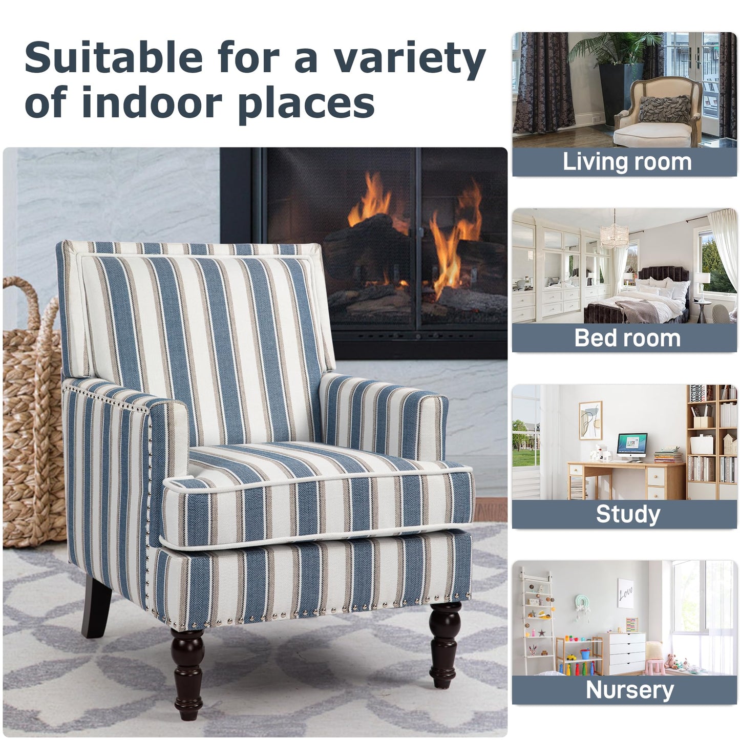 WakeZero Accent Chair, Comfy Cozy Modern Mid-Century Accent Chairs, Linen Upholstered Lounge Arm Chair with Solid Wood Reading Side Padded Single for Living Room/Office/Balcony/Bedroom-Blue Stripe