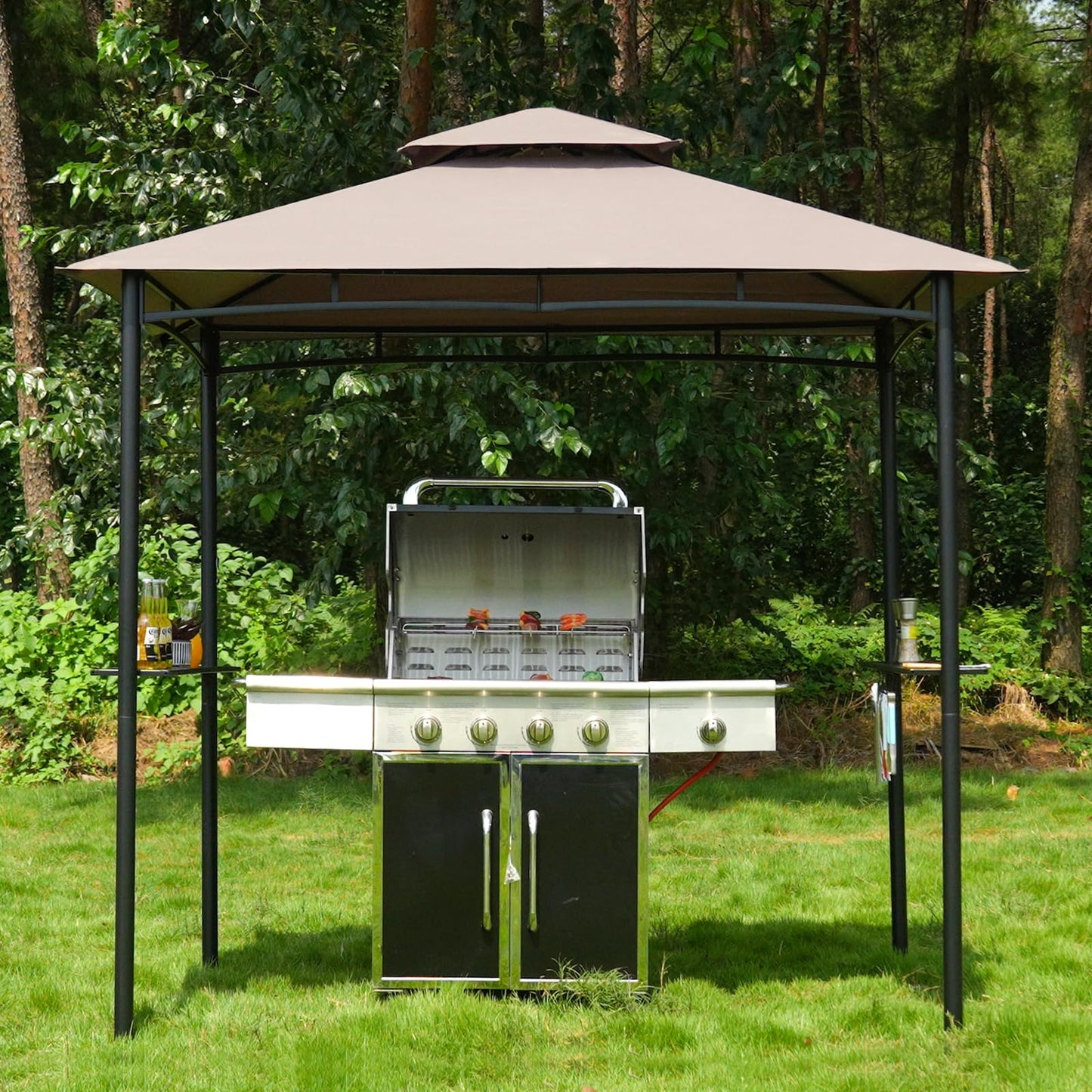 FAB BASED 5x8 Grill Gazebo, All-Weather Steel Construction, Double Tiered & Resistance Canopy Roof, Metal Serving Shelves, 2 LED and Bottle Opener for Patio, Backyard, BBQ (Beige)