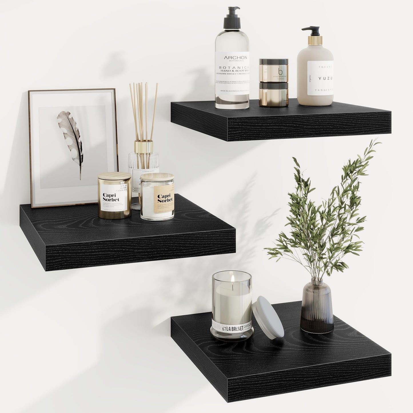 Square Floating Shelves for Wall, 11.5"W x 11.5"D x 1.25"H, 3 Pack Small Wall Mounted Engineered Wood Shelves with Invisible Brackets for Living Room, Bedroom, Bathroom, Kitchen Decor, Black