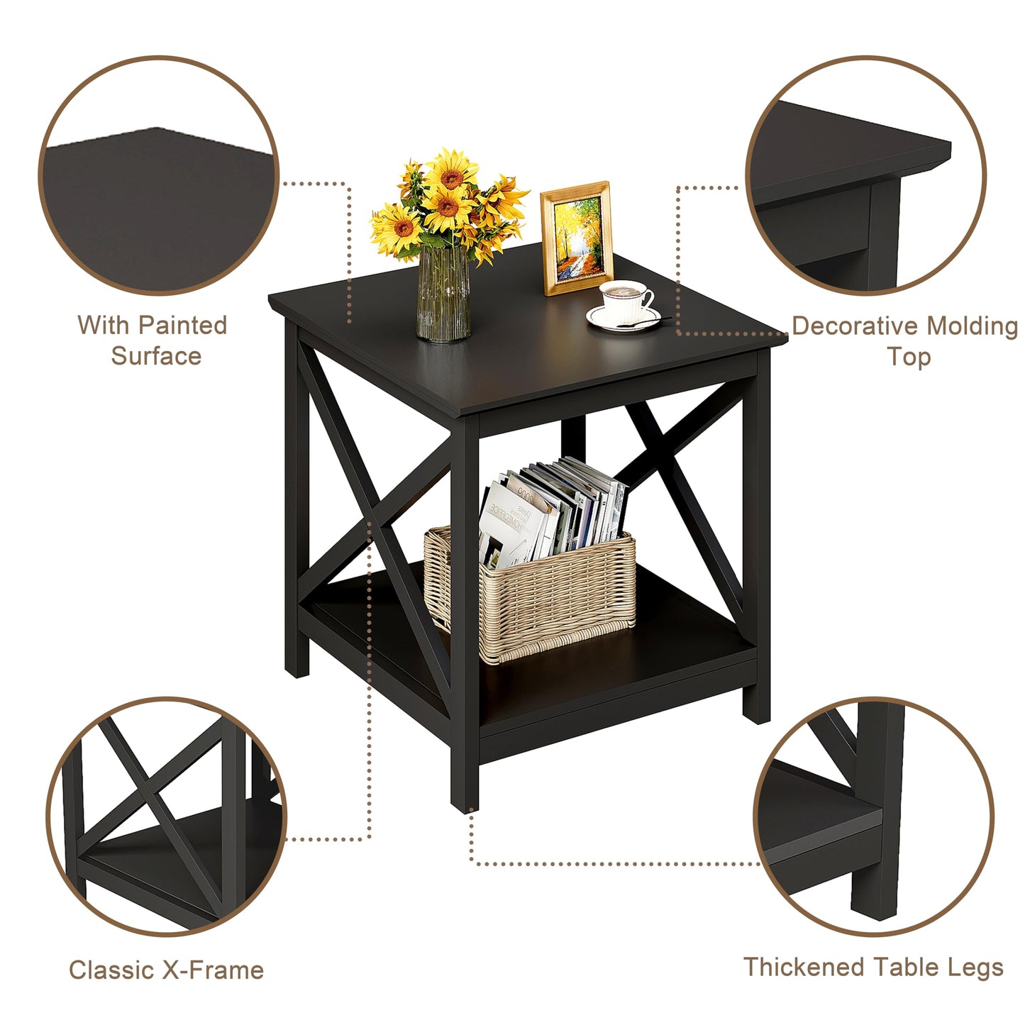 ChooChoo End Tables Set of 2, 24 Inch End Table with 2-Tier Storage Shelf, Side Table for Living Room, Wood Nightstand for Bedroom, Office, Painted Surface, Black
