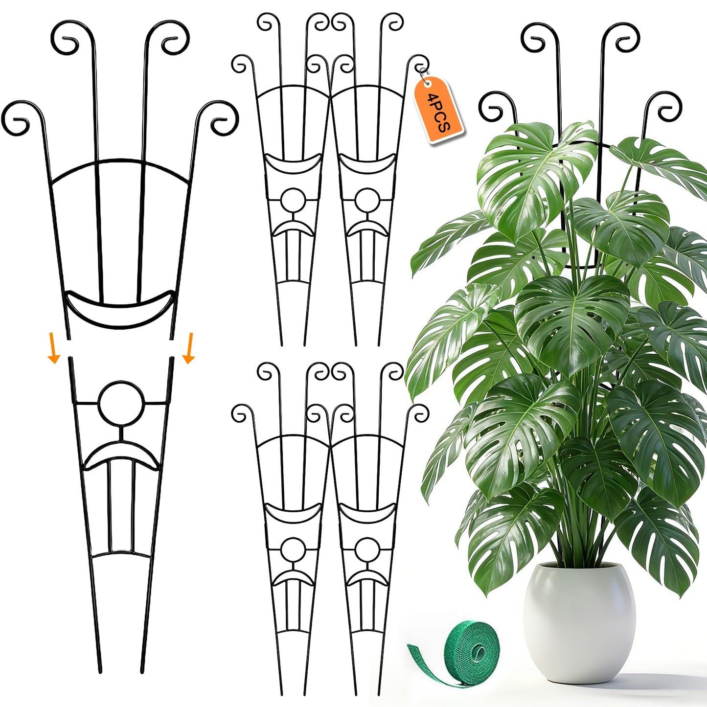 Monstera Plant Support - 4-Pack of 32.6" Tall Plant Trellis Stakes for Large Indoor Vines | Adjustable Dual Pole Frame for Monstera Deliciosa & Potted Plants
