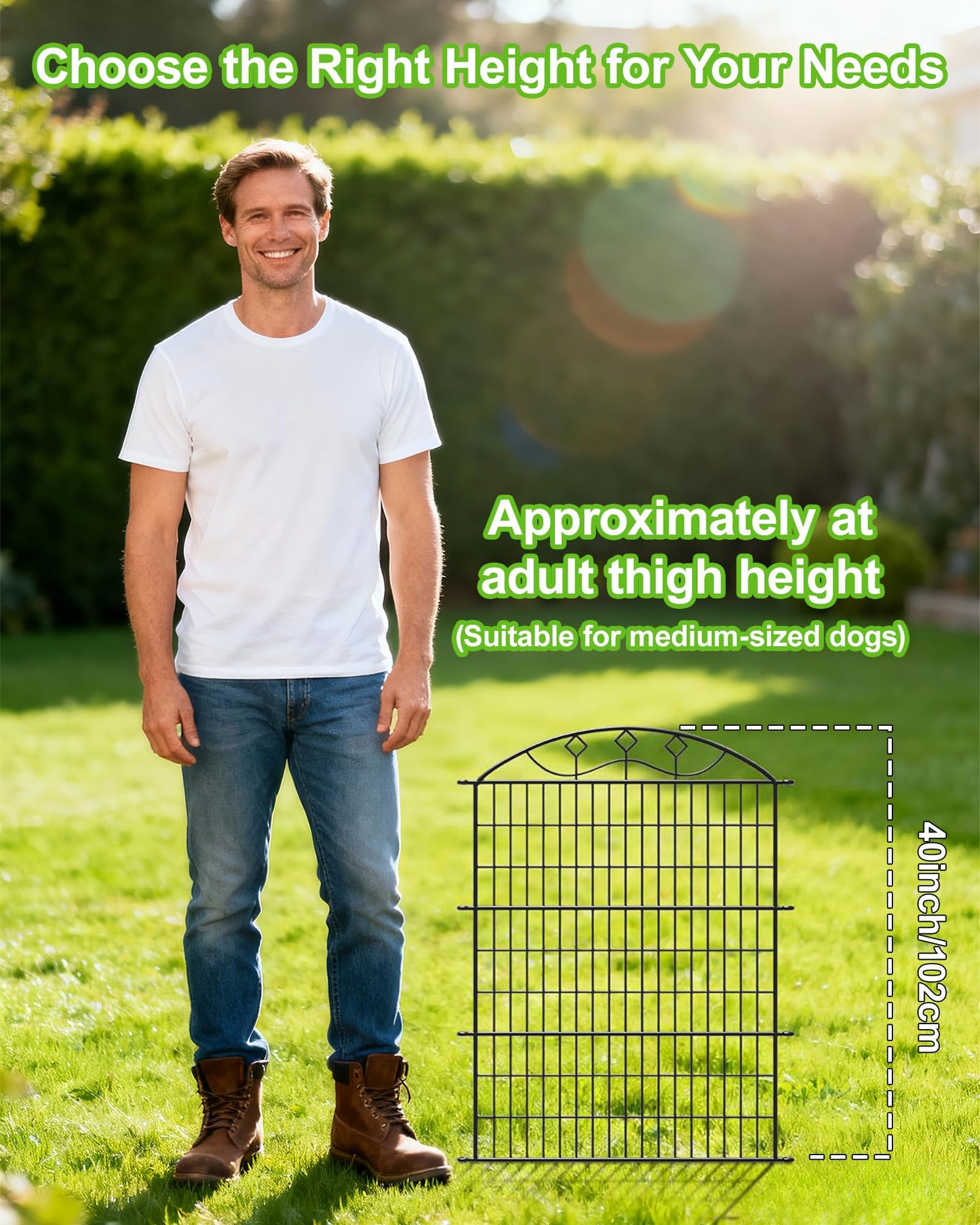 40in Tall 10-Panel Metal Garden Fence, No Dig Temporary Yard Fencing, Reusable Animal Barrier for Large Dogs & Garden Protection, Black