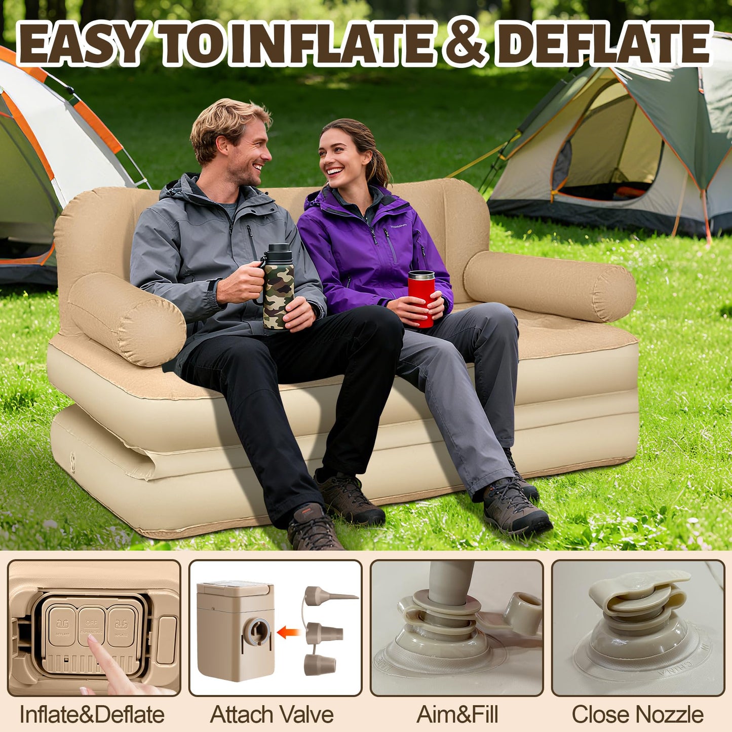ChlorBlu Queen Size Air Sofa Bed Mattress with Headboard and Pump, Flocked Surface Blow Up Couch Inflatable Bed for Home,Folding Inflatable Couch for Camping, 2-in-1 Valve Inflatable Sofa 73"x61"x32''