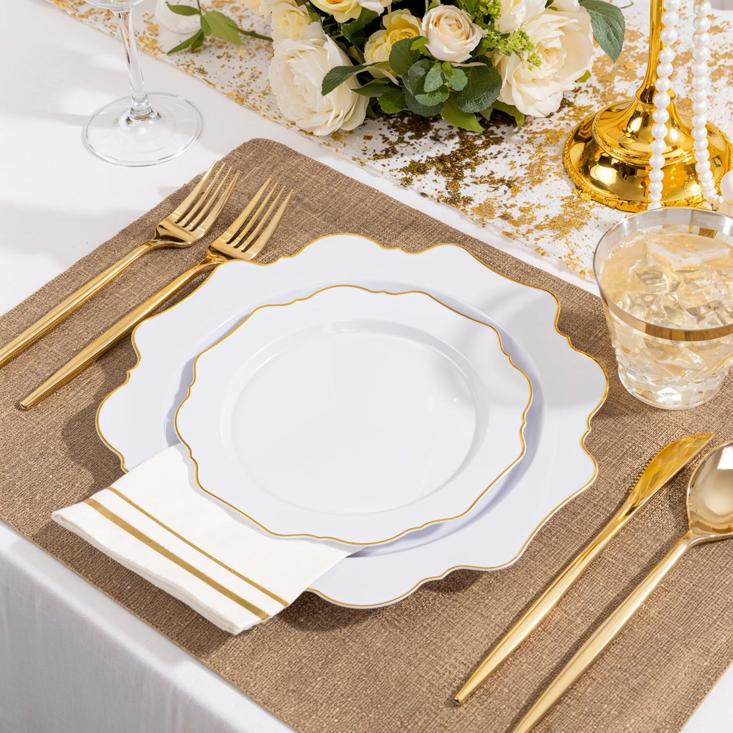 WDF 175Pcs Gold Plates Disposable - White and Gold Plastic Plates 25guest Plastic Dinnerware Ideal for Party/Wedding/First Communion/Spring/Mother's Day
