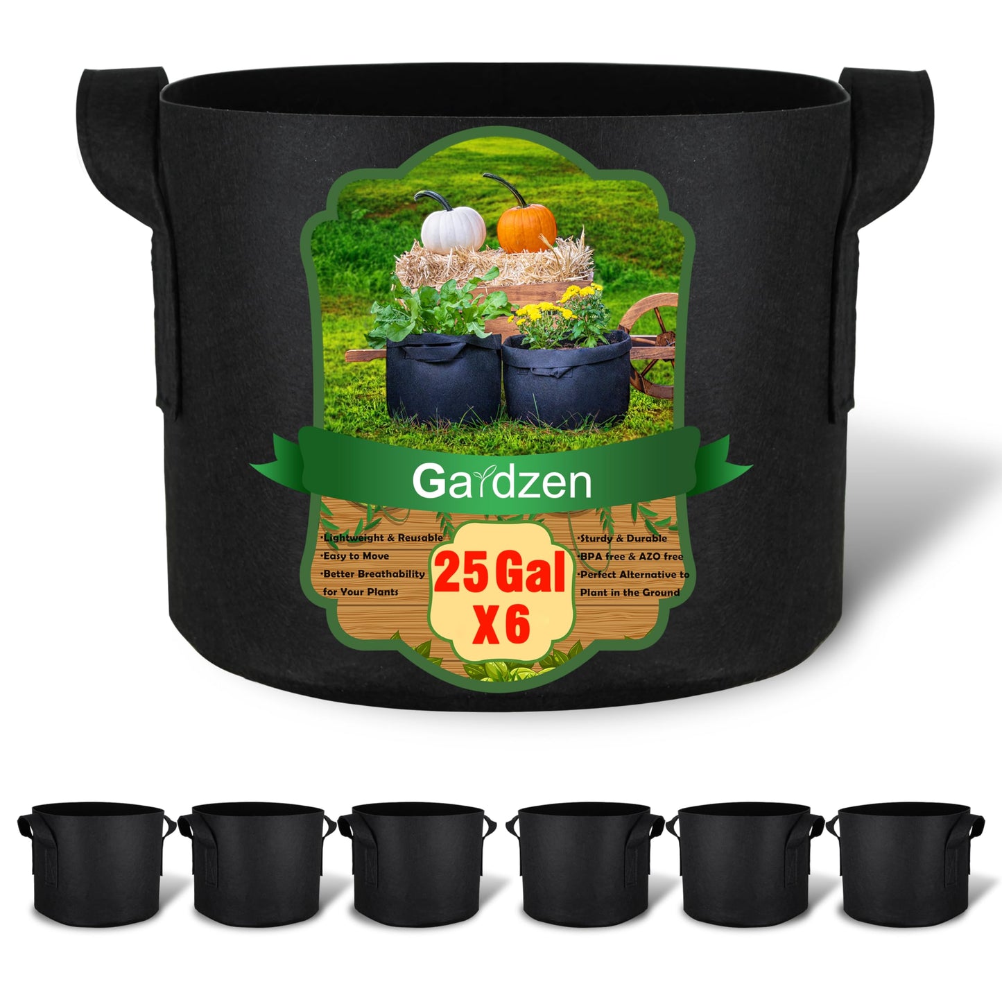 Gardzen 6-Pack 25 Gallon Grow Bags, Aeration Fabric Pots with Handles, Heavy Duty Cloth Pots for Plants