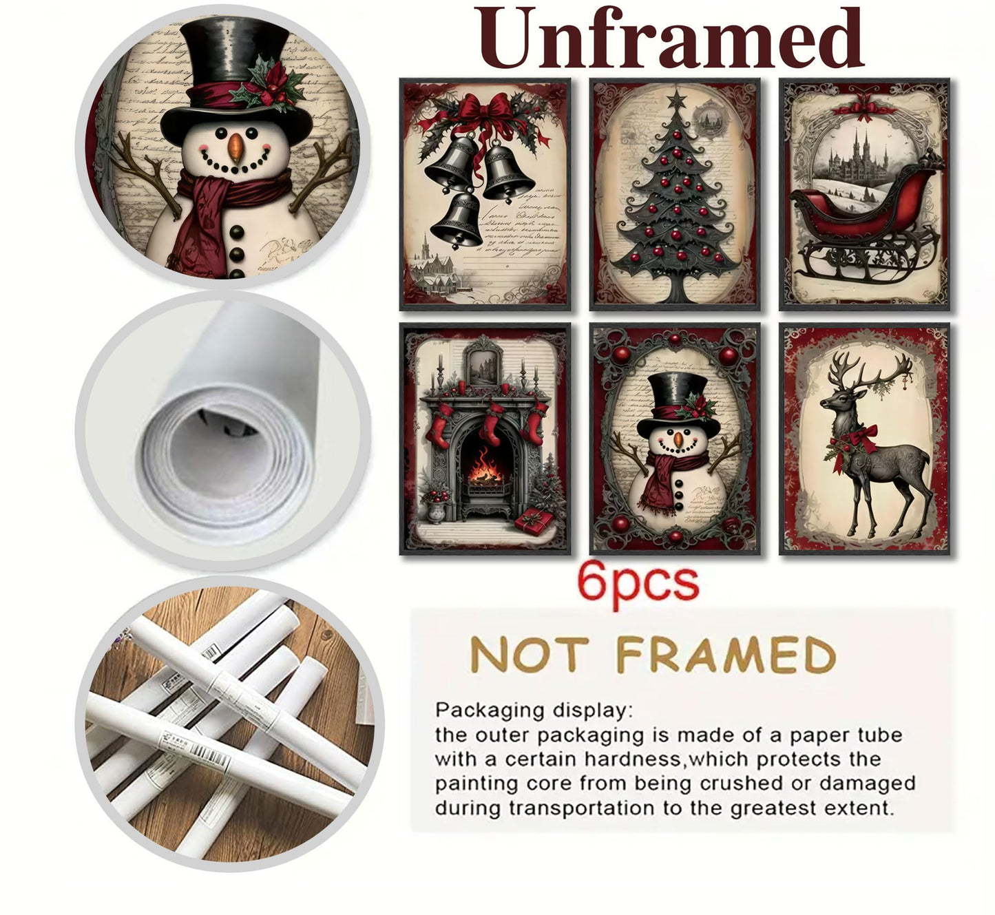 6pcs Christmas Canvas Wall Art Red Christmas Tree Snowman Elk Posters Prints Paintings Winter Landscape Festive Elements Wall Decor Pictures for Living Room And Bedroom Furniture Decoration Unframed