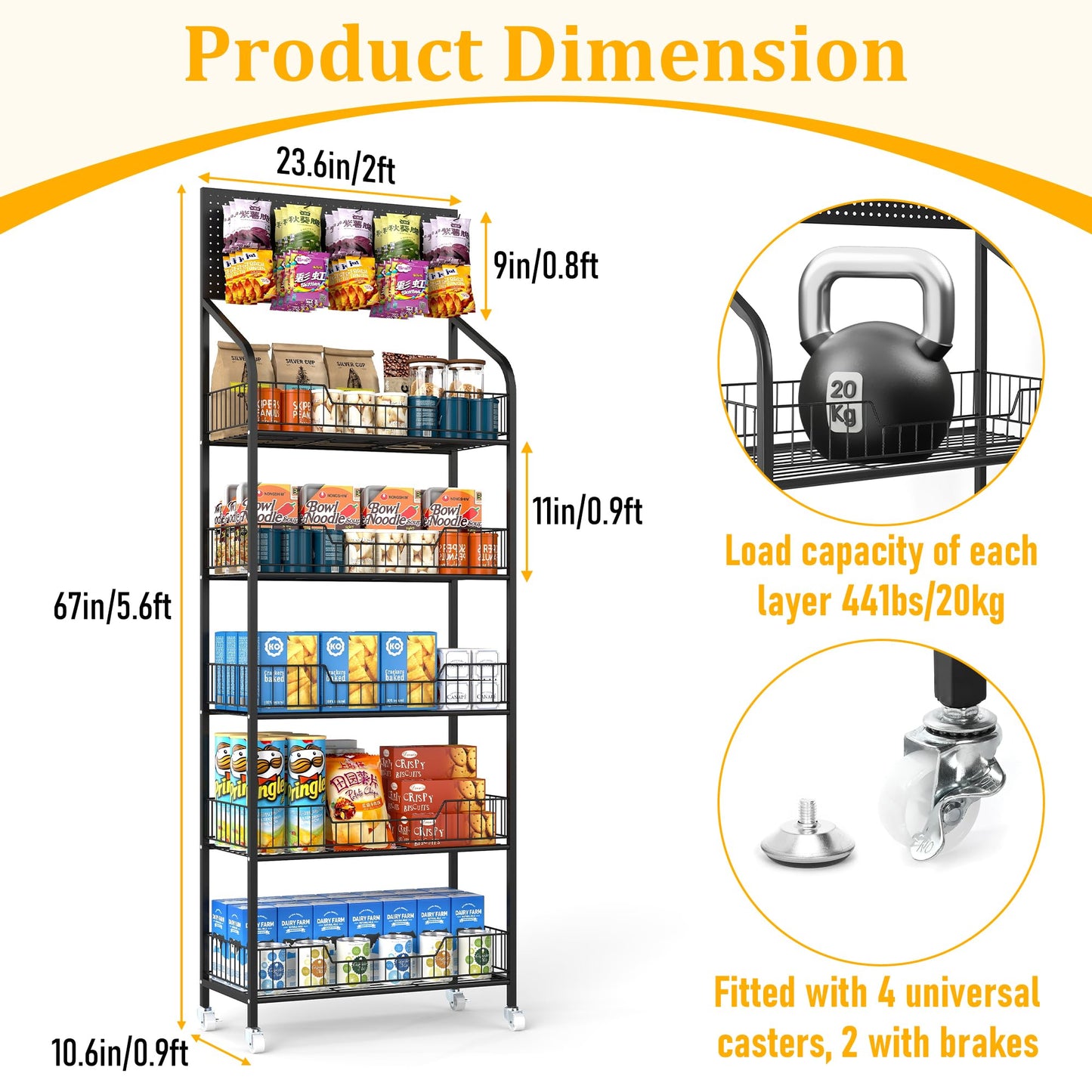 Qriocioa Retail Snack Display Stand,5-Tier Black Metal Storage Shelf Brackets with Wheels & Hooks,Metal Storage Shelves Heavy Duty, Retail Display Shelves Racks,Snack Organizer Stand Display Supplies