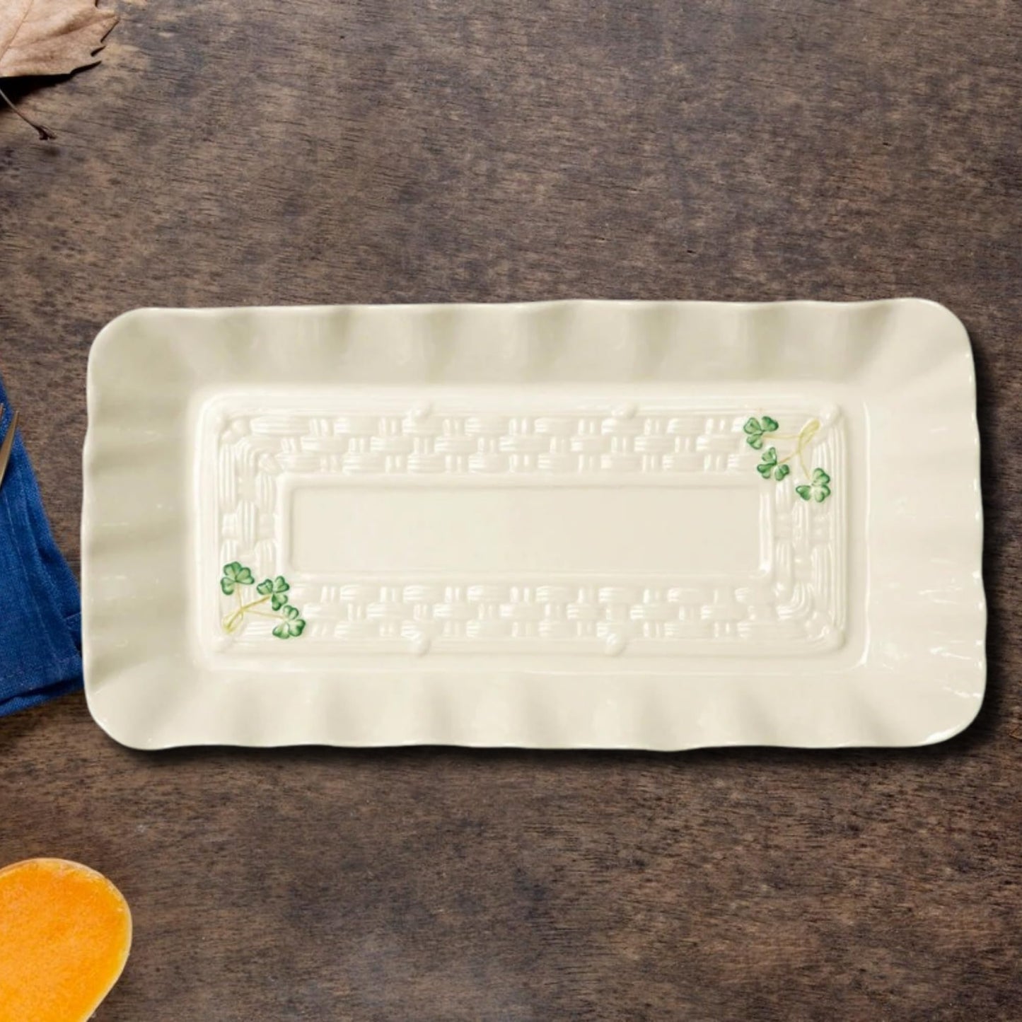 Belleek Shamrock Tray - Fine Parian China White Serving Platter - Handcrafted Appetizer Serving Tray - 12.5 x 6.3 Inches