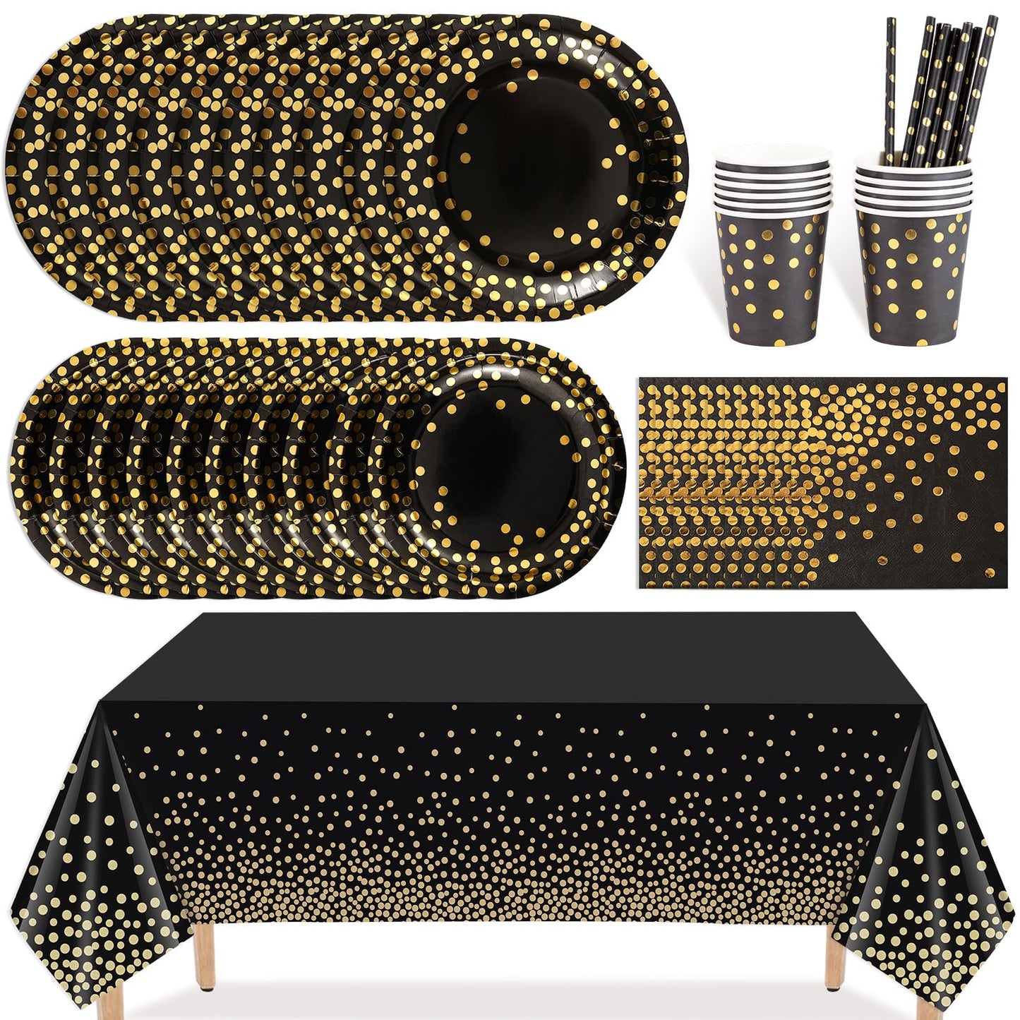 PHOGARY 61 Pcs Black Gold Disposable Tableware Set, Paper Plates and Napkins Party Supplies Dinnerware Golden Dot Black Plates Cups Straws Napkins Plastic Tablecloths for Birthday Party Decorations
