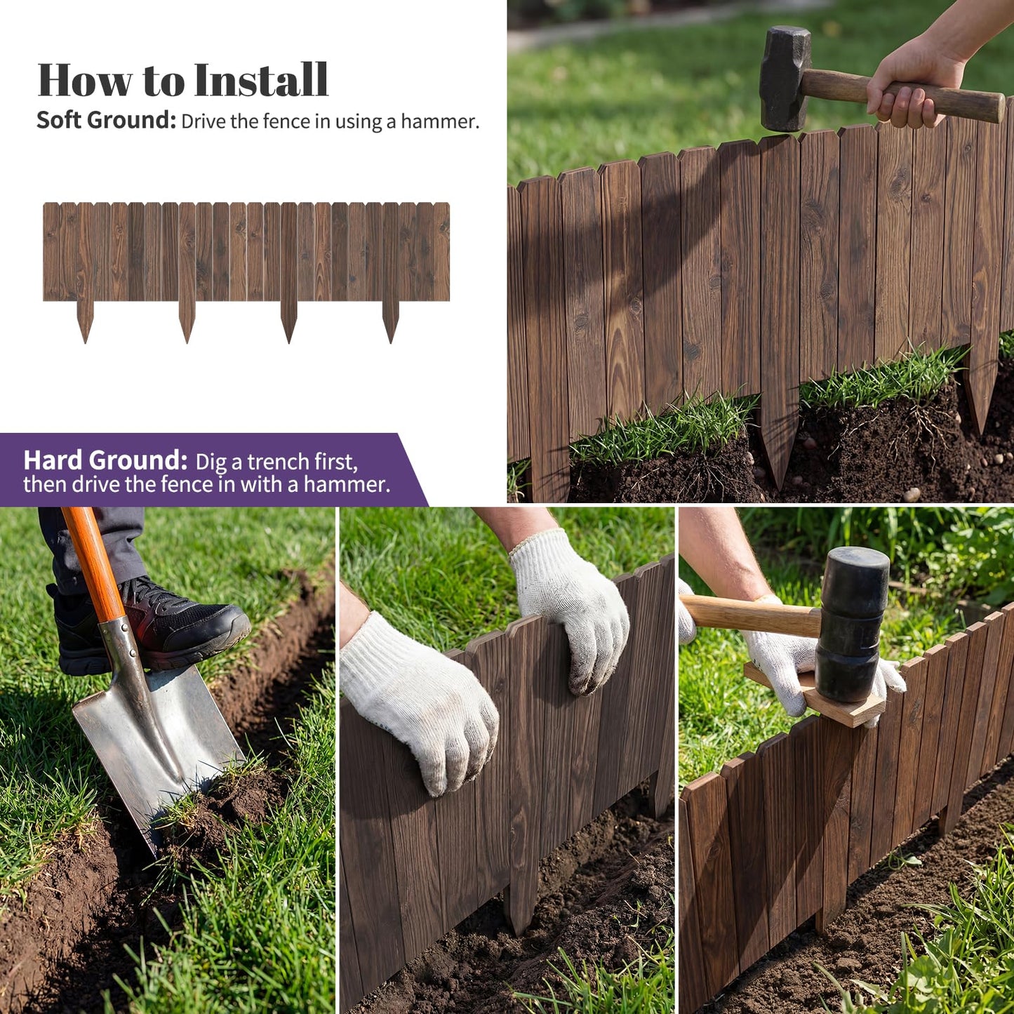 Wieghda Garden Wooden Fence Edging, Burnt Wood Finish, Fir Wood,Outdoor Lawn Landscape Border (2, 11.8" Height)