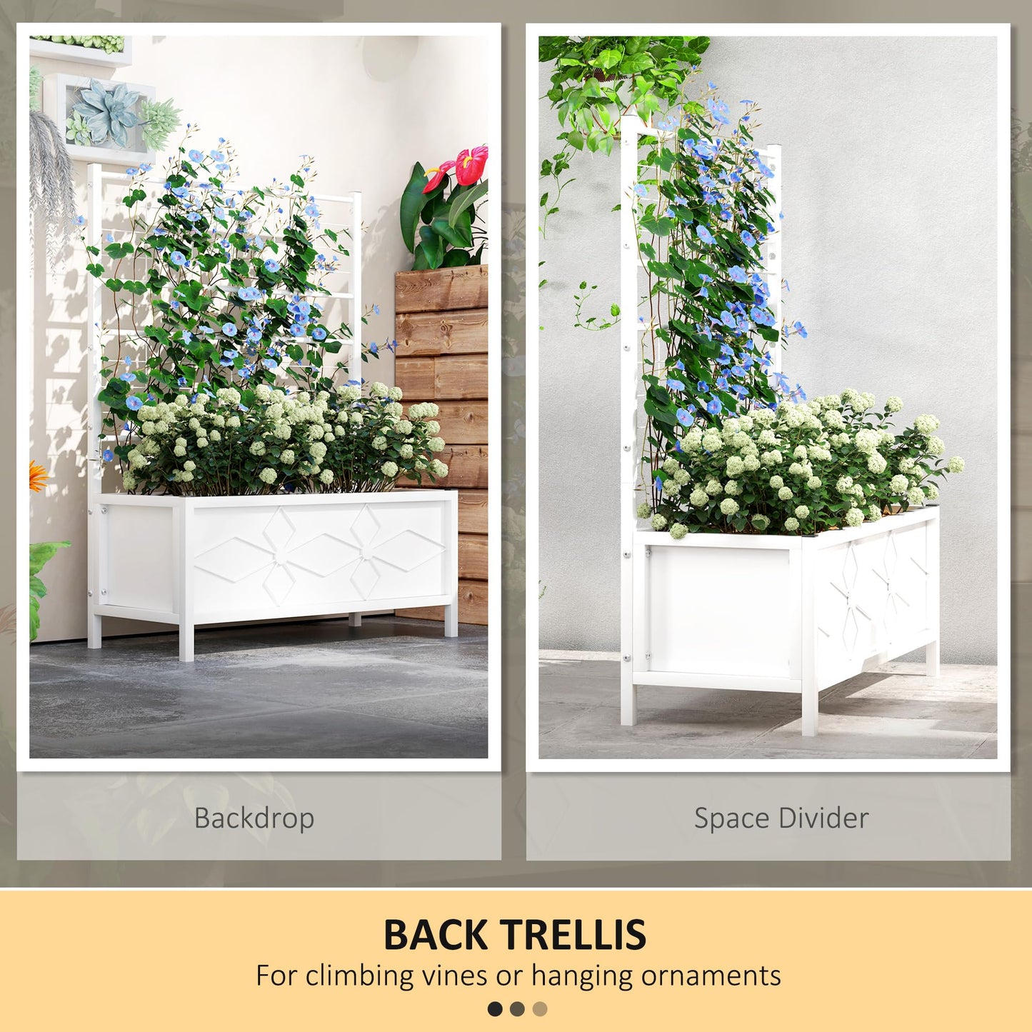 Outsunny Planter Box with Trellis, 35.4 x 15.7 x 47.2 inch Raised Garden Bed with Drainage Holes, Planters for Outdoor Plants, Vegetables, Flowers, Herbs, Trellis Planter, White