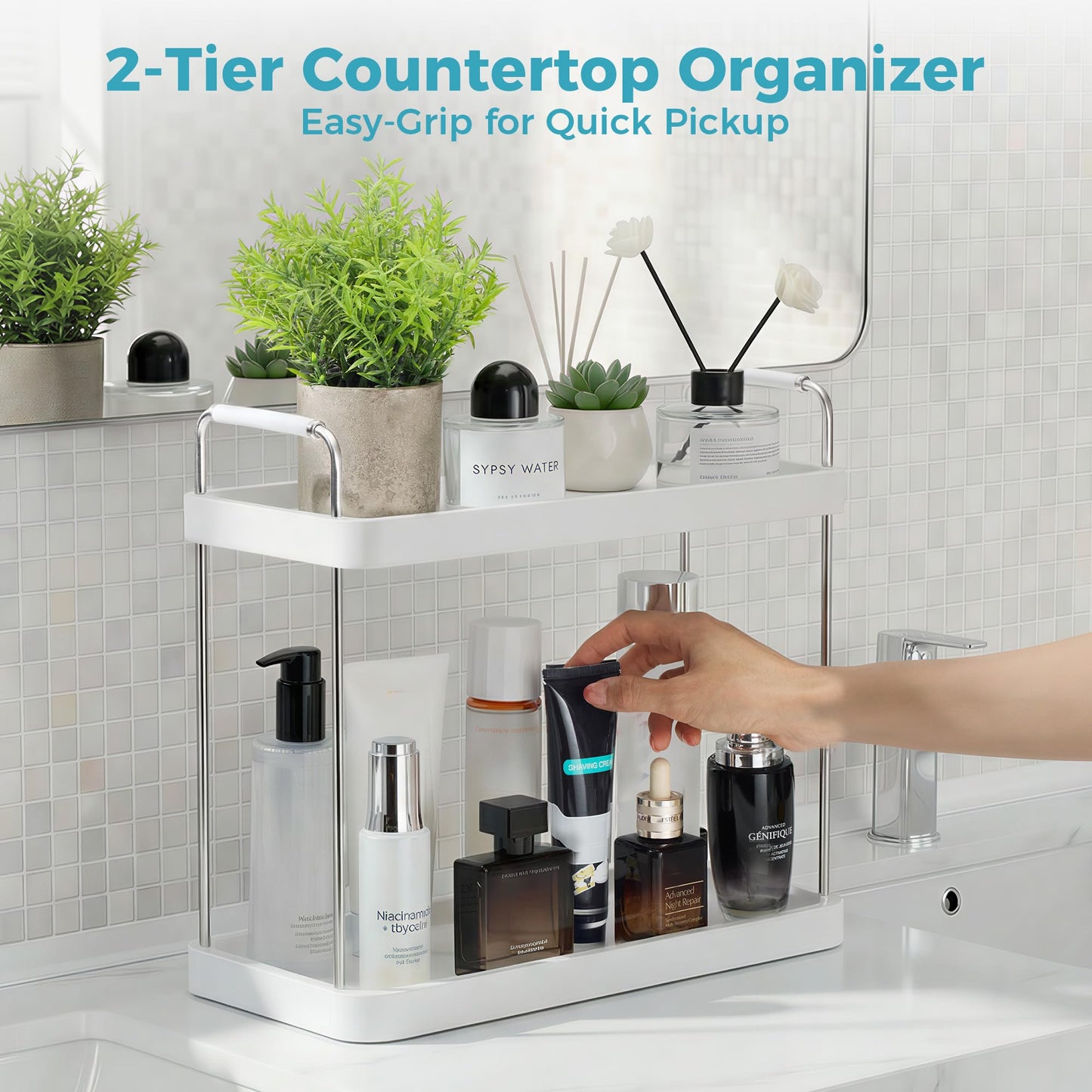 Vtopmart 2-Tier Bathroom Countertop Organizer, Vanity Dresser Counter Tray Shelf for Skincare, Perfume, Makeup, Silver