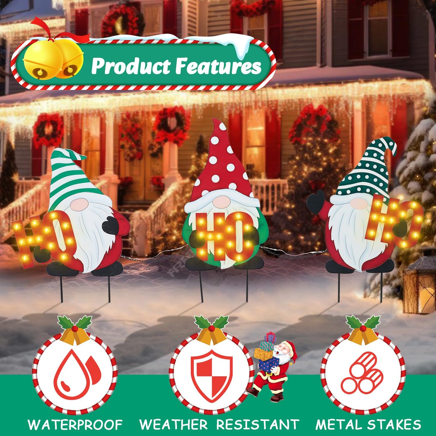 WONDER GARDEN 3 PCS Christmas Yard Signs Christmas Decorations Outdoor, Metal Xmas Yard Stakes Gnomes Lawn Decor, Xmas Garden Stakes with Led Lights for Patio Pathway Outside Decorations