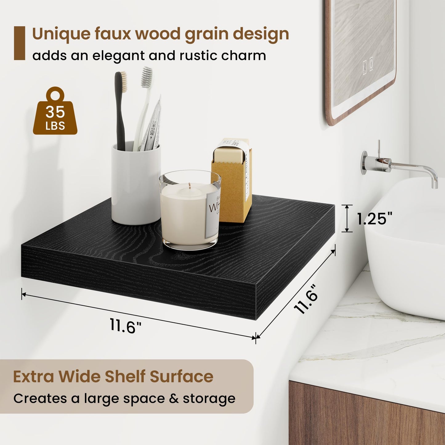 Square Floating Shelves for Wall, 11.5"W x 11.5"D x 1.25"H, 3 Pack Small Wall Mounted Engineered Wood Shelves with Invisible Brackets for Living Room, Bedroom, Bathroom, Kitchen Decor, Black
