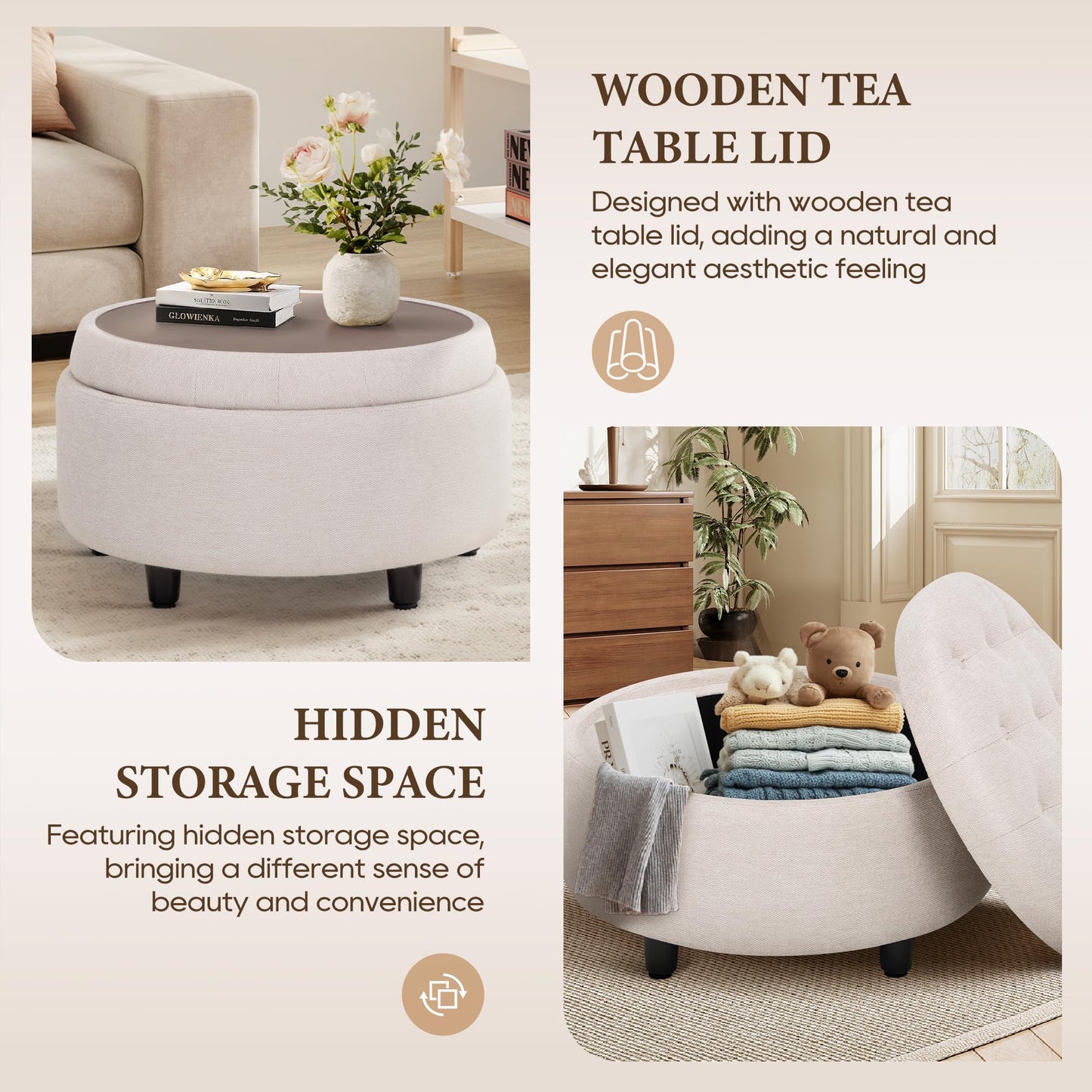 COLAMY Fabric Round Storage Ottoman with Reversible Tray Lid – Multi-Functional Footrest, Hidden Storage, Sturdy & Stylish Small Coffee Table for Living Room, Bedroom, or Entryway(Beige)