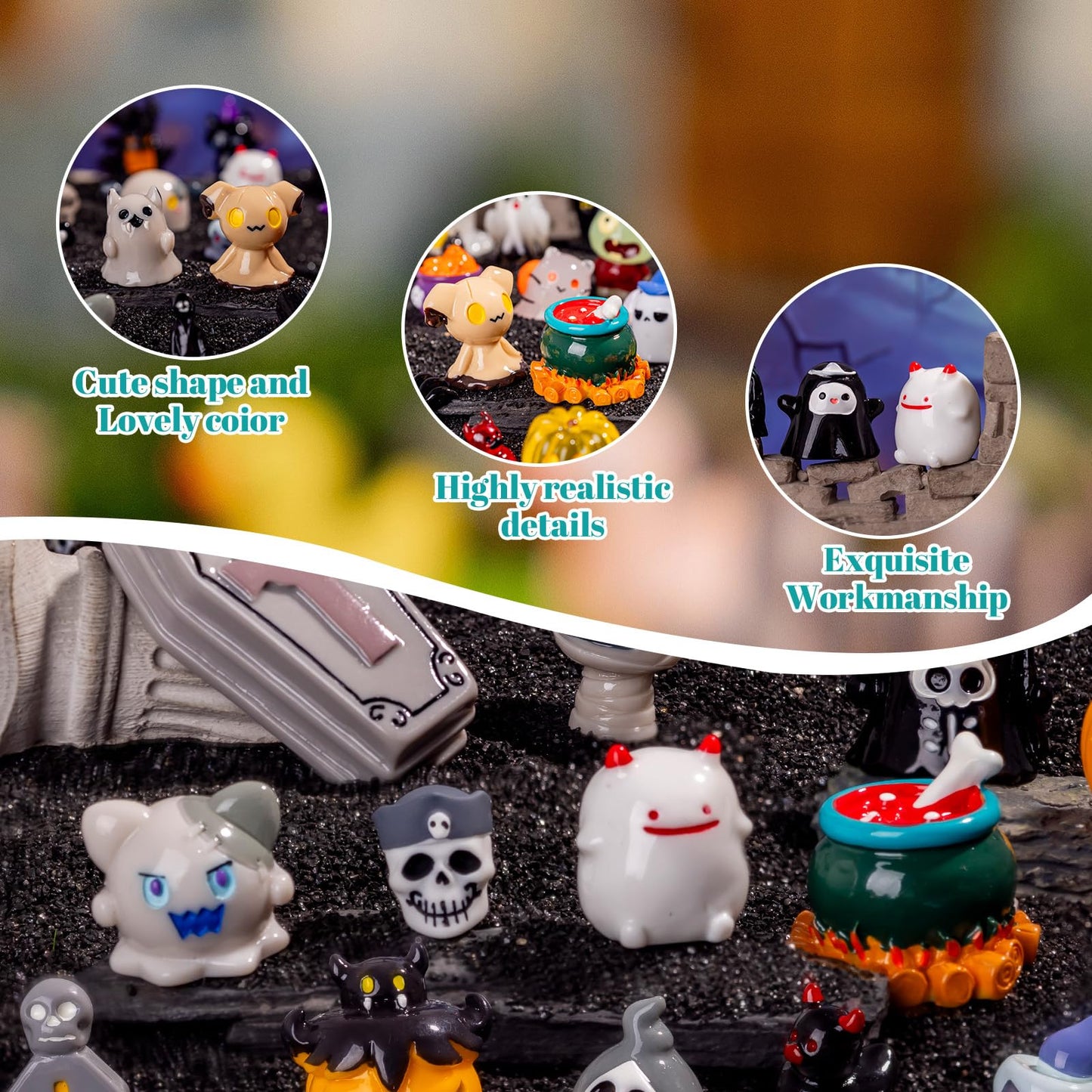 Teenzee 44P Mini Halloween Figurines Tiny Figures Resin Miniature Little Small Figurines Bulk for Micro Fairy Garden Landscape Accessories Hide Crafts Decor