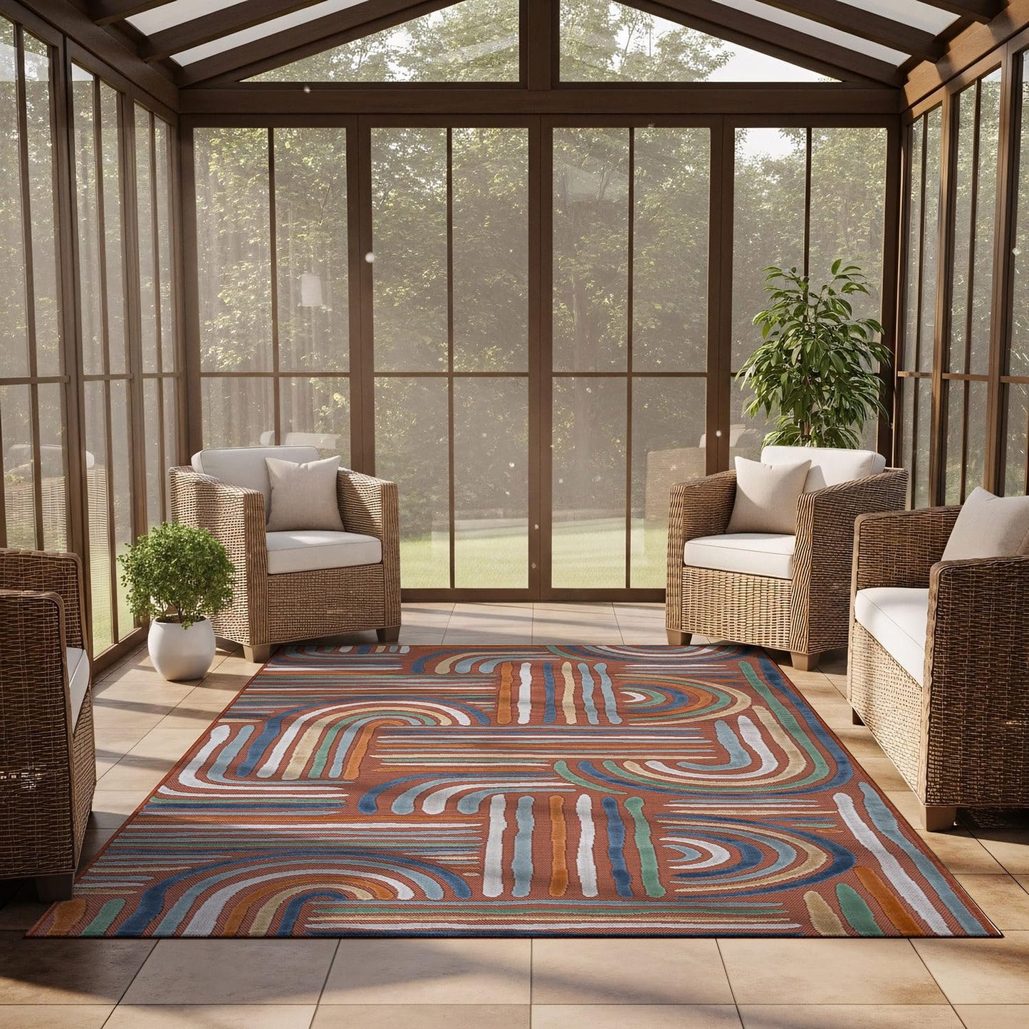 CAMILSON Indoor Outdoor Rug, Orange 6x9 Geometric Arch Striped Area Rugs for Patio and Home Areas, Easy-Cleaning Non-Shedding Living Room, Garden and Deck Washable Outside Carpet (6 x 9)