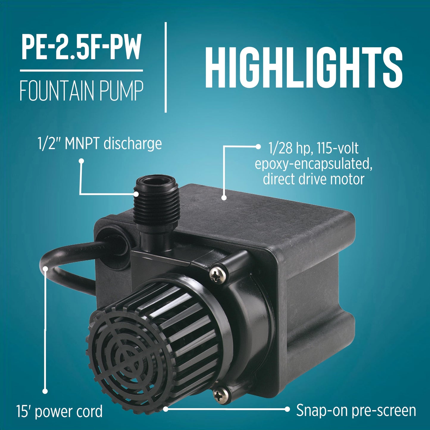 Little Giant PE-2.5F-PW 115 Volt, 1/28 HP, 475 GPH Submersible Direct Drive Pump for Small Ponds or Fountain with 15-Ft. Cord, Black, 566612