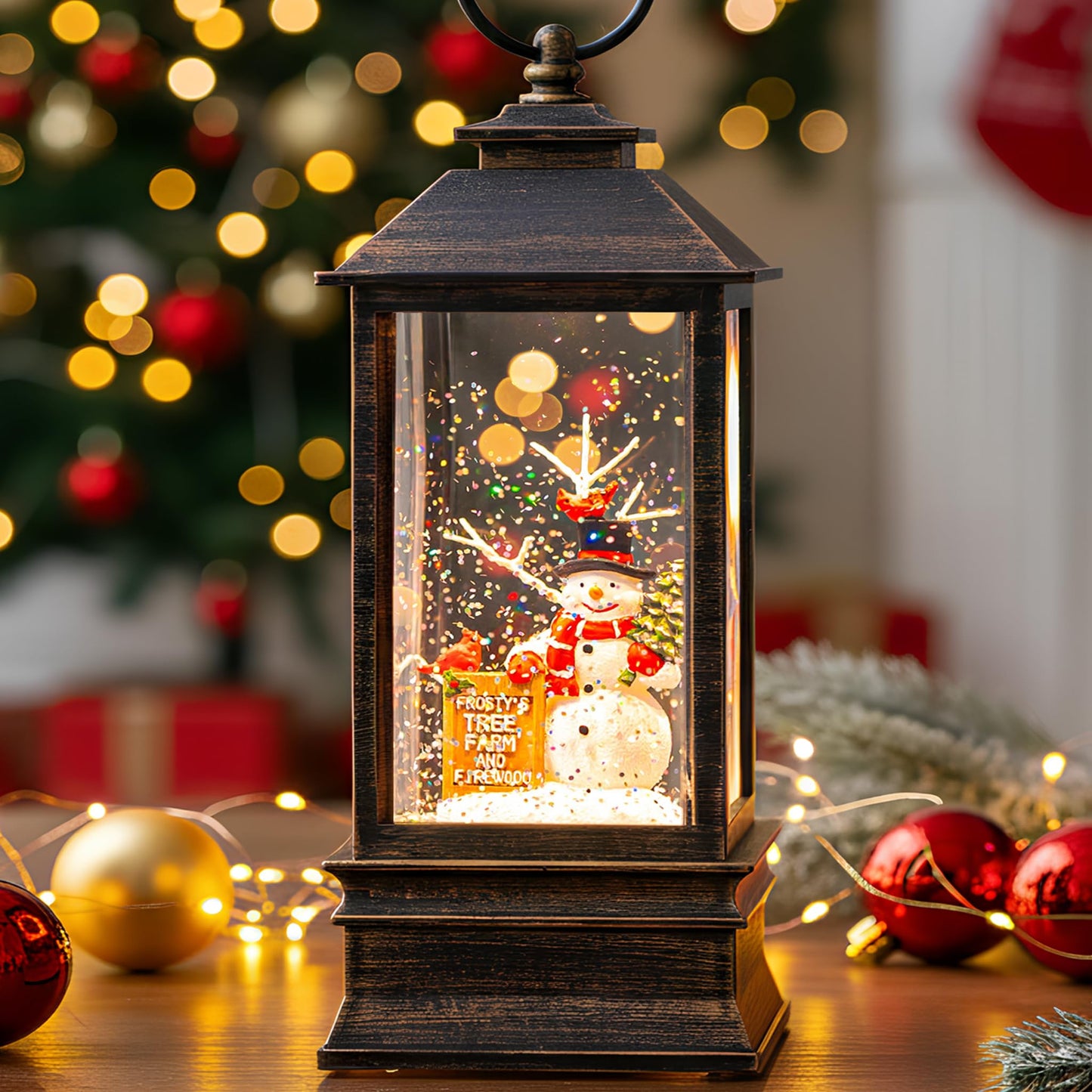 Christmas Snow Globe Water Glittering Farm Snowman with Music & Timer, USB Lined/Battery Operated Lighted Lantern for Christmas Festival Decoration Gifts