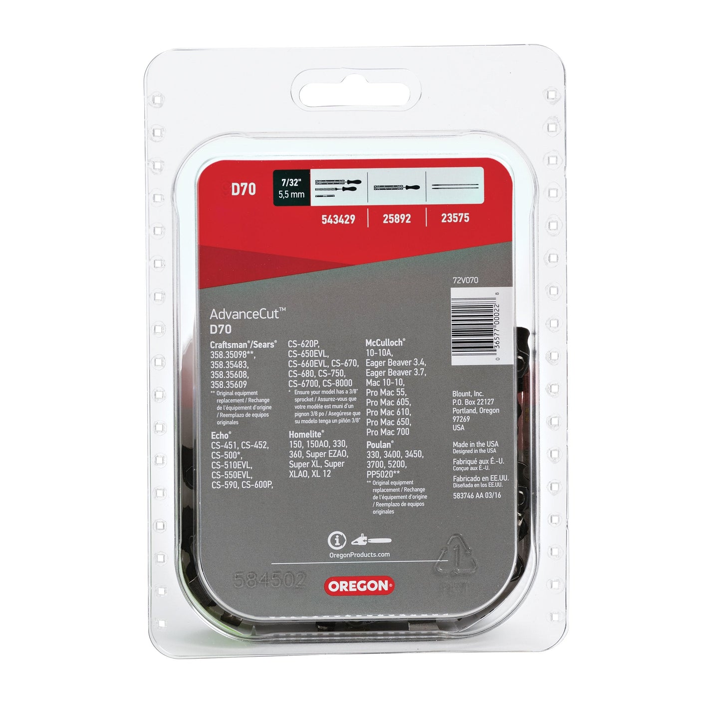 Oregon D70 AdvanceCut Chainsaw Chain for 20 Inch Bar – 70 Drive Links, Replacement Low-Kickback Chainsaw Blade, .050" Gauge, 3/8" Pitch, fits Several Poulan Pro & Echo Models (D70) Black
