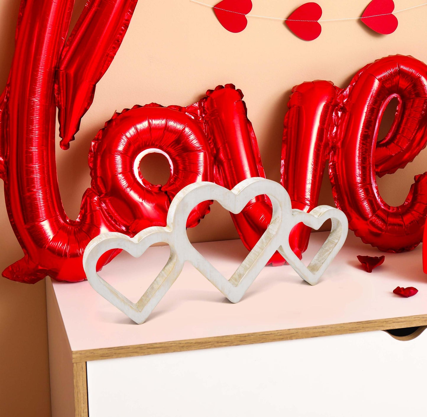 Gift Boutique Valentine's Day White Rustic Triple Heart Shaped Sign Decor Love Hearts Wooden Cutout Wall Table Tiered Tray Centerpiece Home Decoration