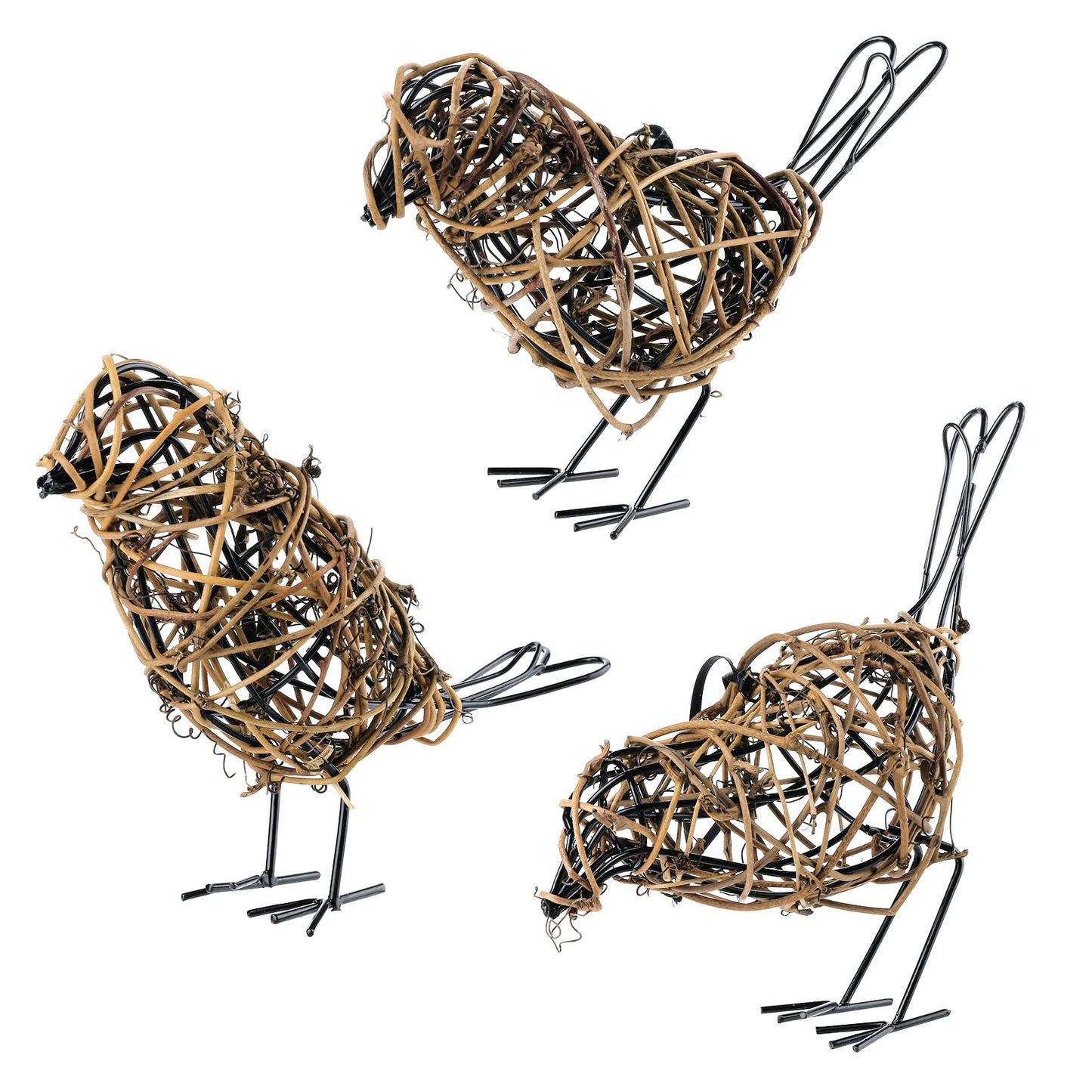 ZZZ TYLOO 3PCS Bird Statue Farmhouse Decor Set - Christmas Ornament - Handwoven Natural Rattan Bird Figurines Table Decor, Multi-Pose Shelf & Mantel Accents